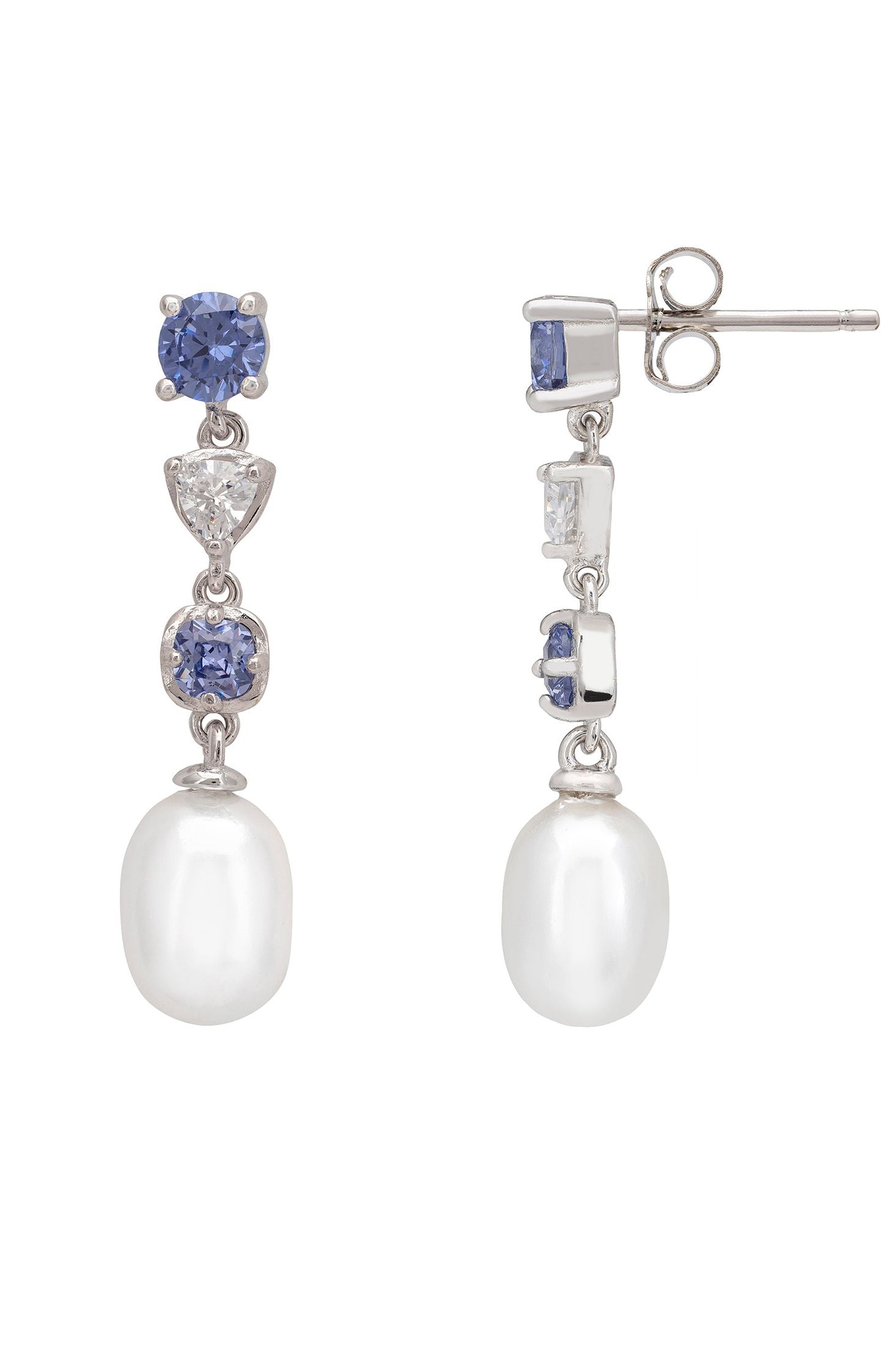 Pair of pearl earrings with gemstones on a white background
