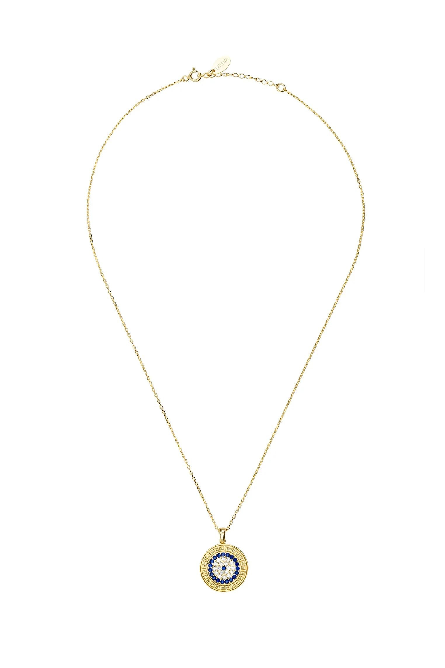 Greek motif framed gemstone evil eye gold necklace.