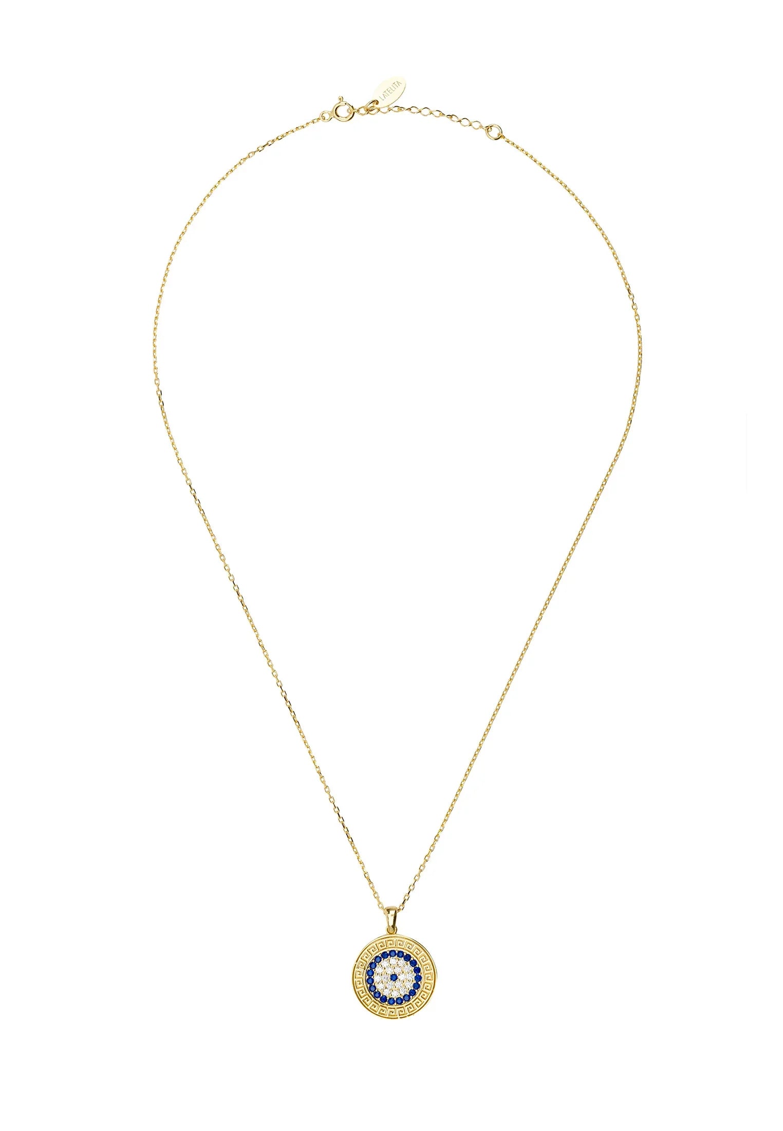 Greek motif framed gemstone evil eye gold necklace.