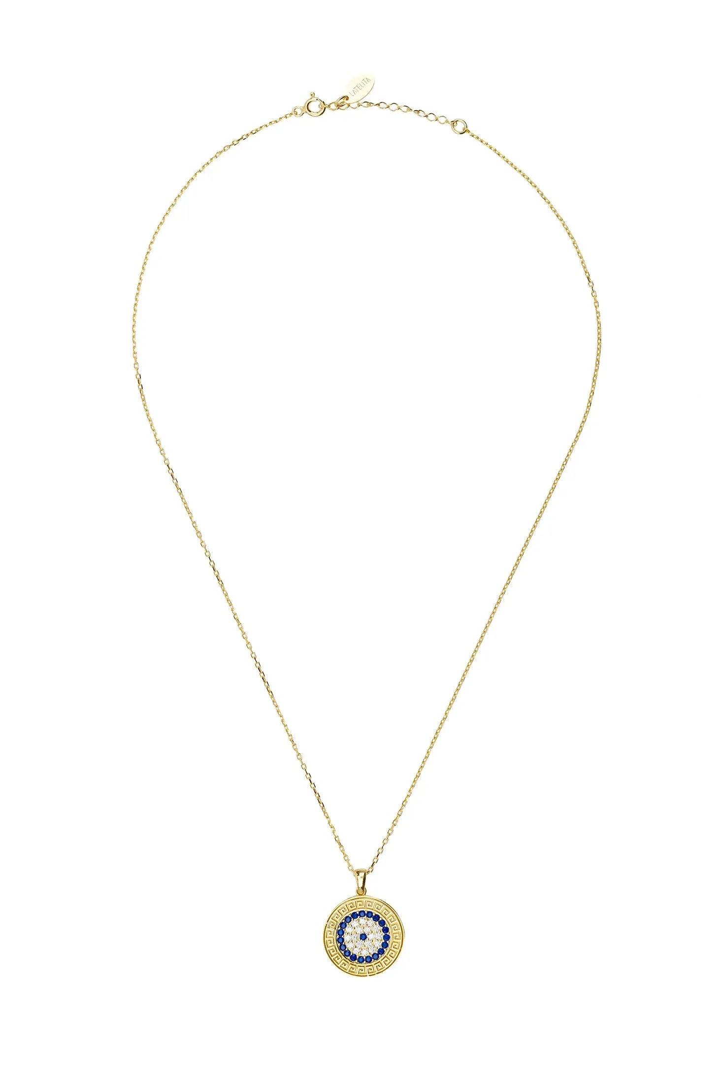 Greek motif framed gemstone evil eye gold necklace.