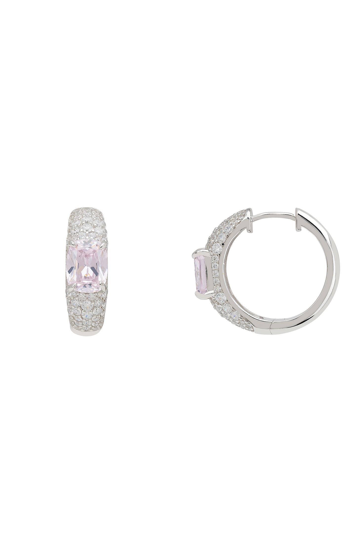 Front view of Rosalie Hoop Earrings Morganite Silver, showing cross design, silver finish.