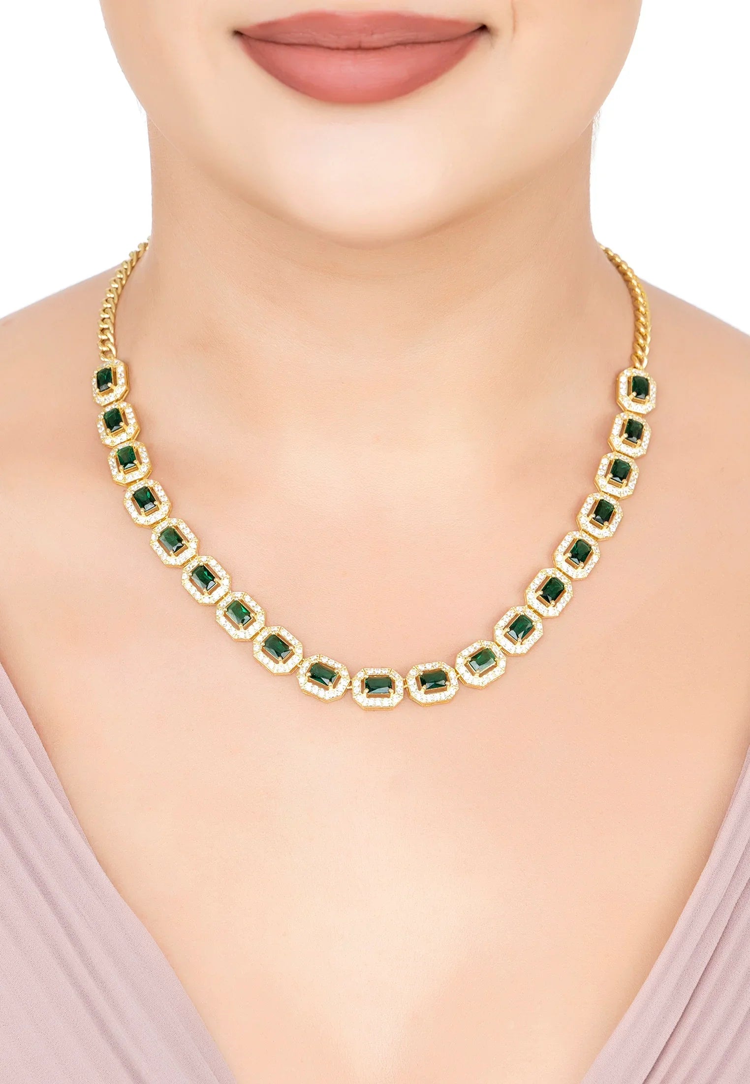 The necklace worn by a model.
