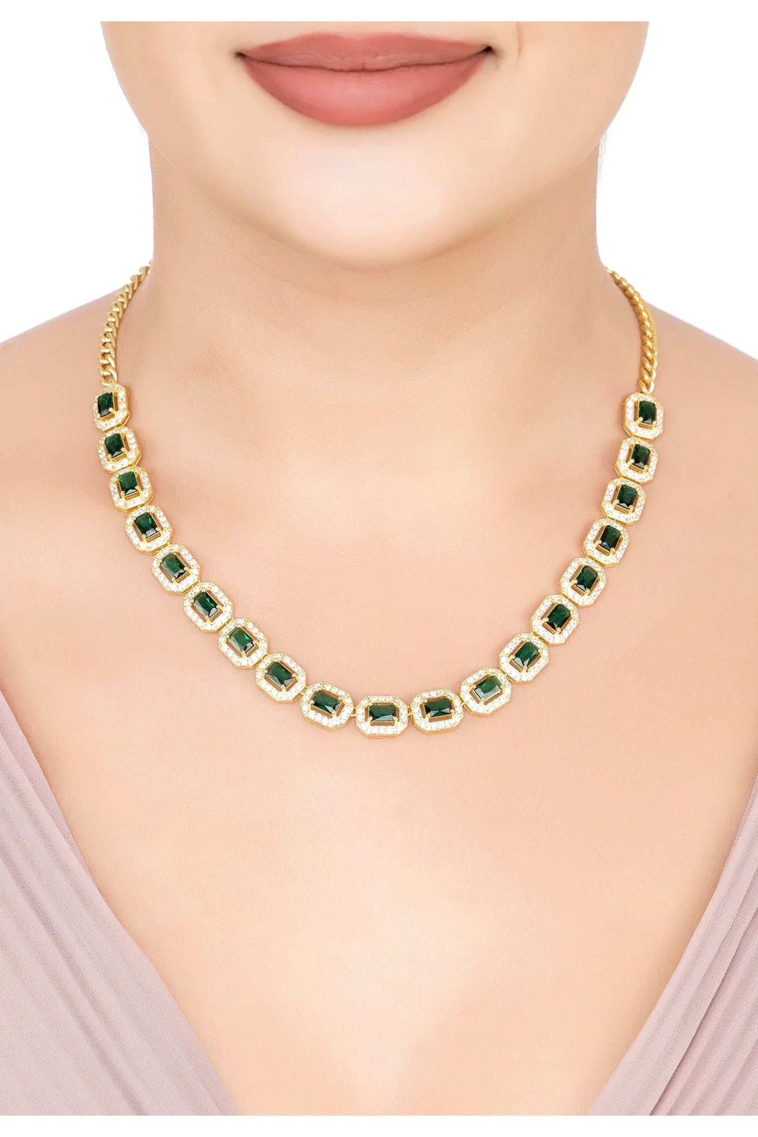 The necklace worn by a model.