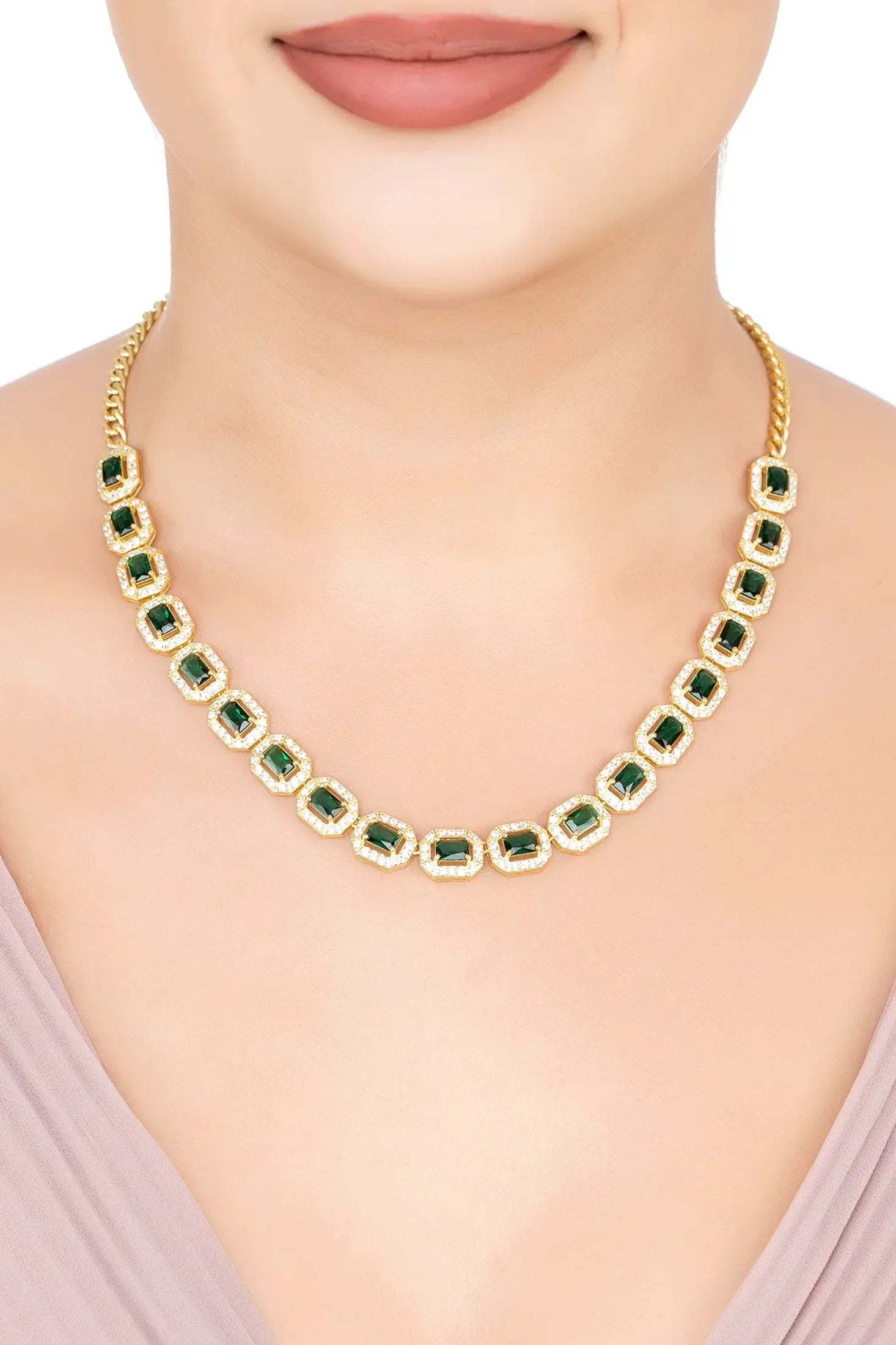 The necklace worn by a model.