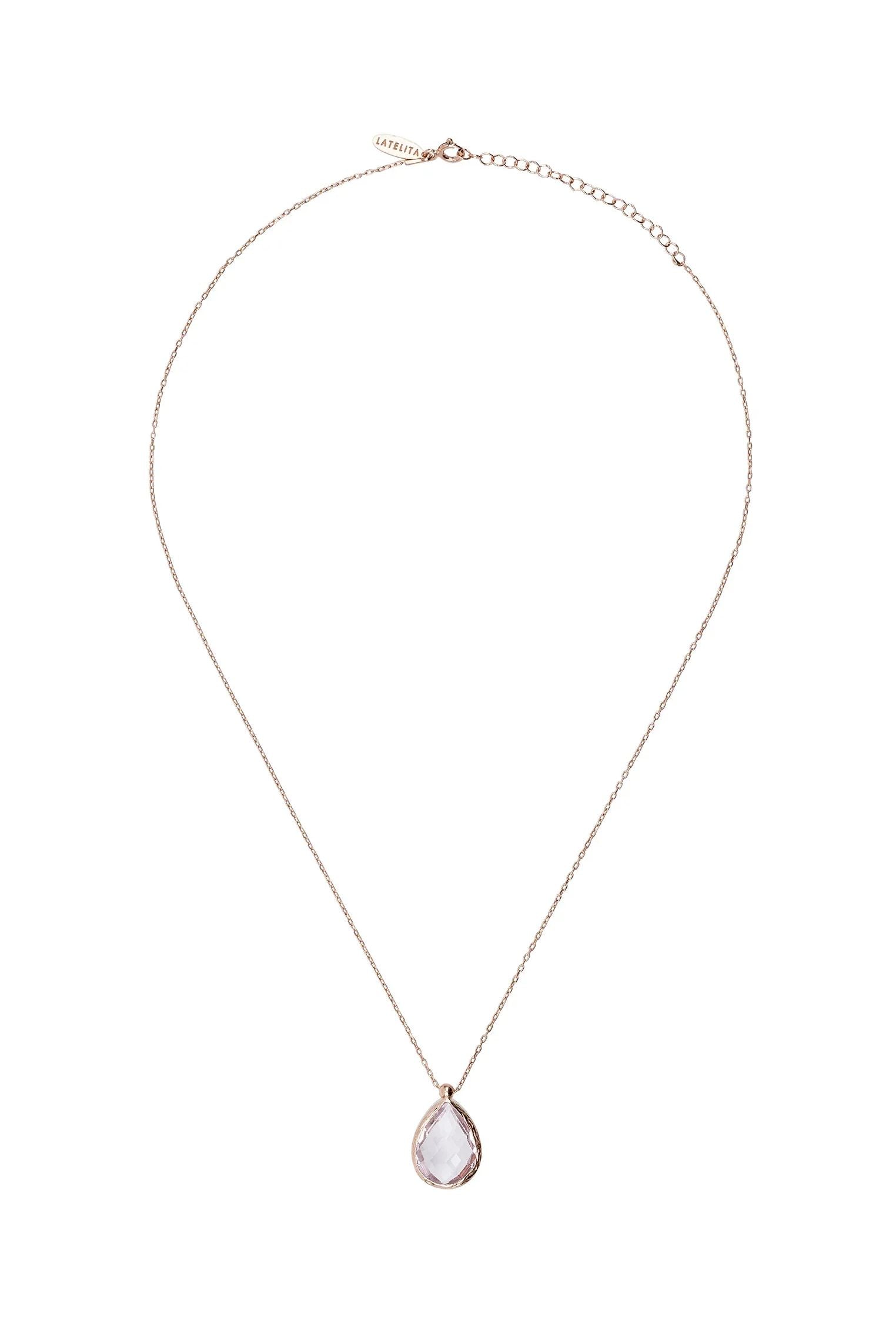 Teardrop rose quartz rose gold necklace.
