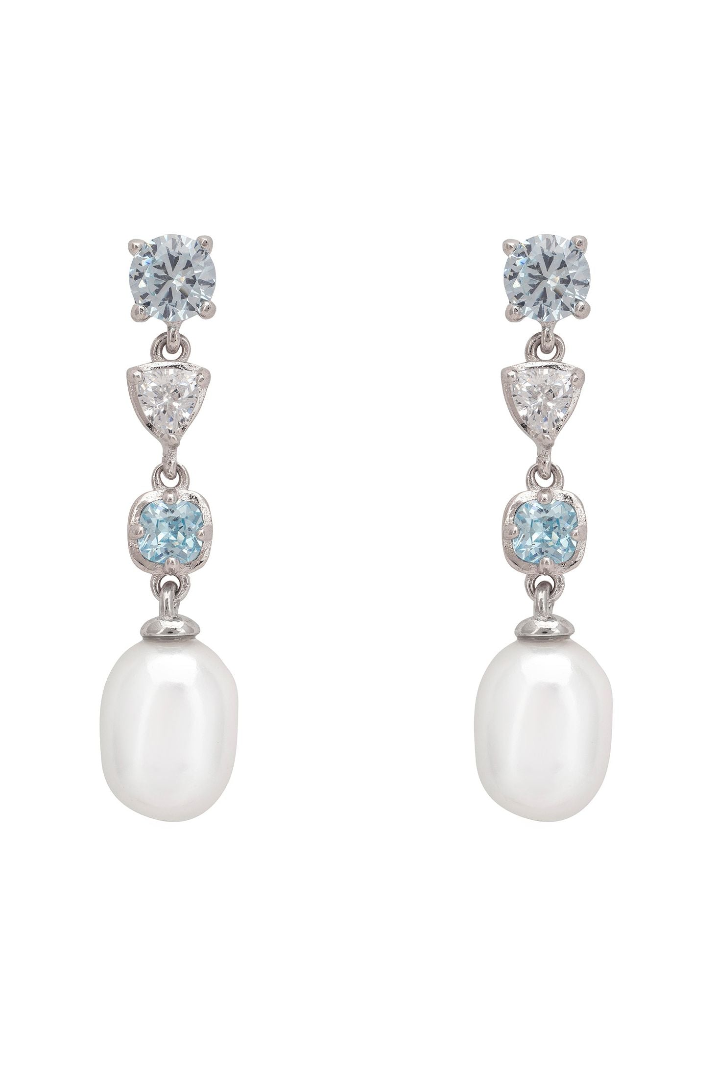 Pair of pearl earrings with gemstones on a white background