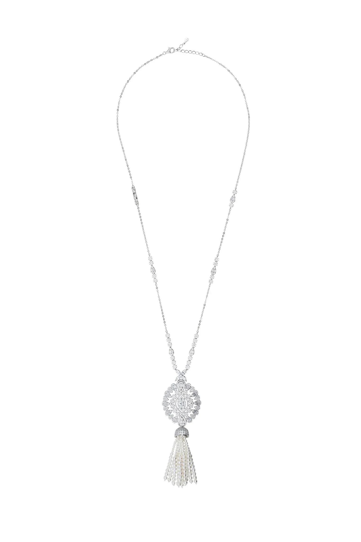 Diamond pearl tassel necklace.