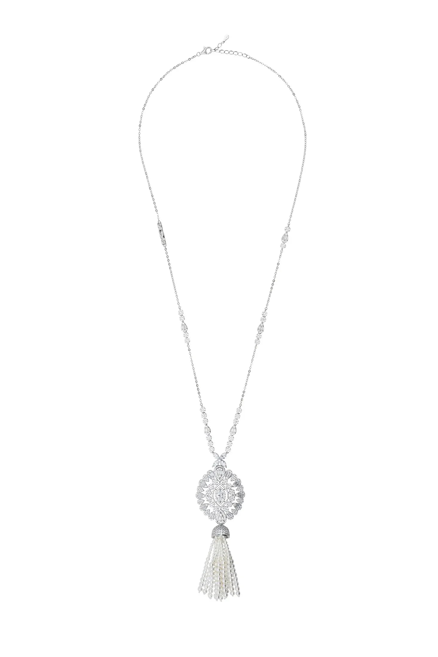 Diamond pearl tassel necklace.