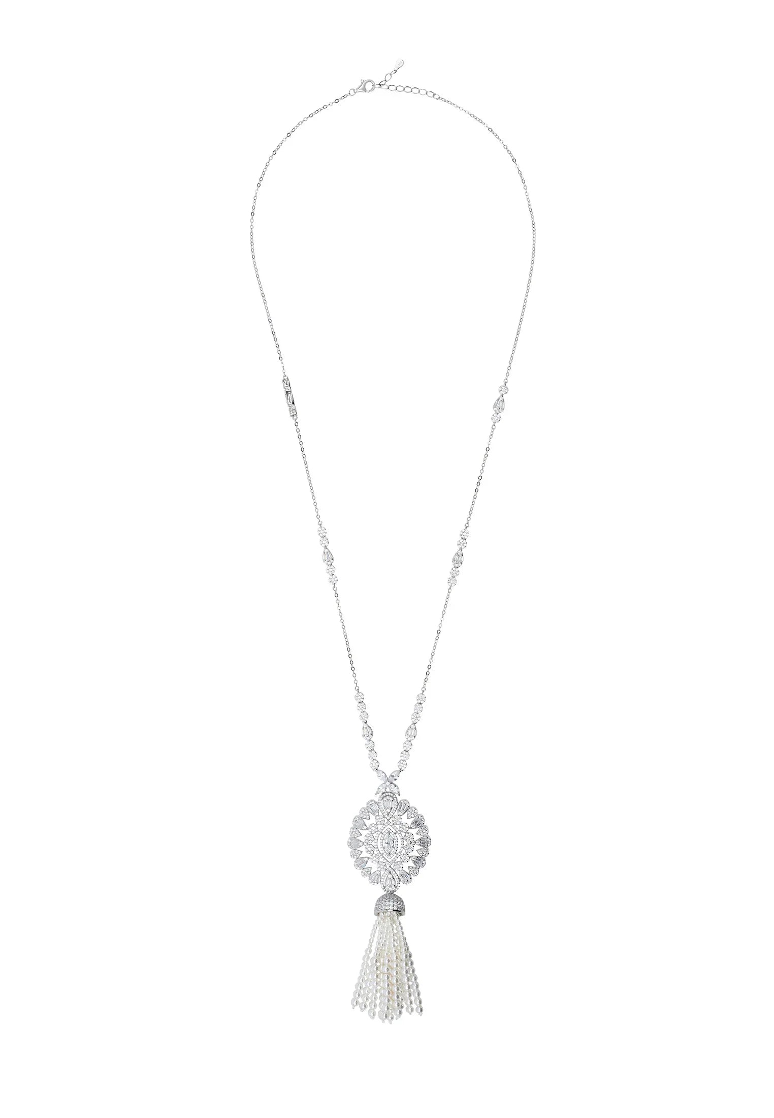 Diamond pearl tassel necklace.