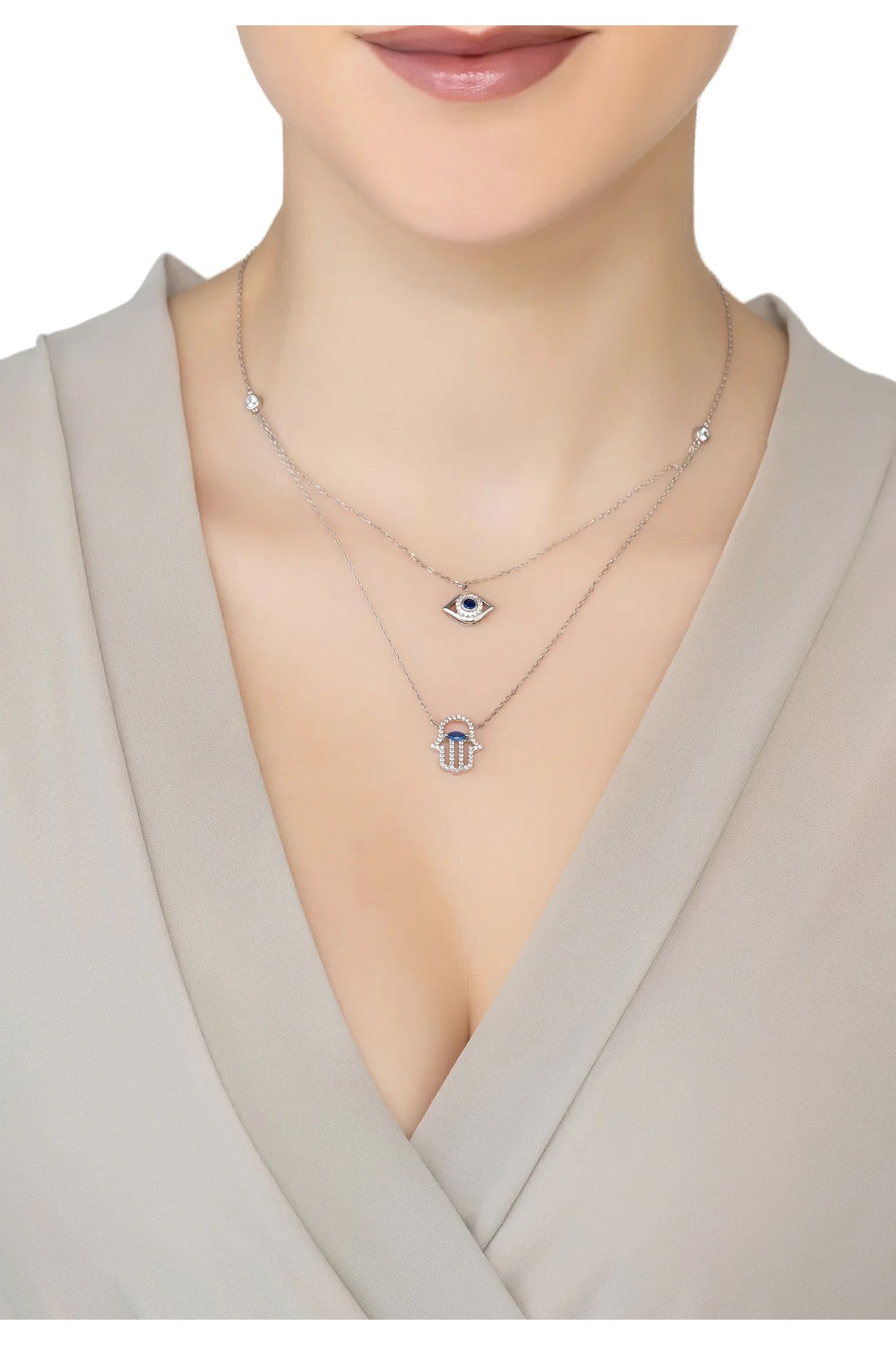 Collar En Capas Mano De Hamsa Y Mal De Ojo Plata