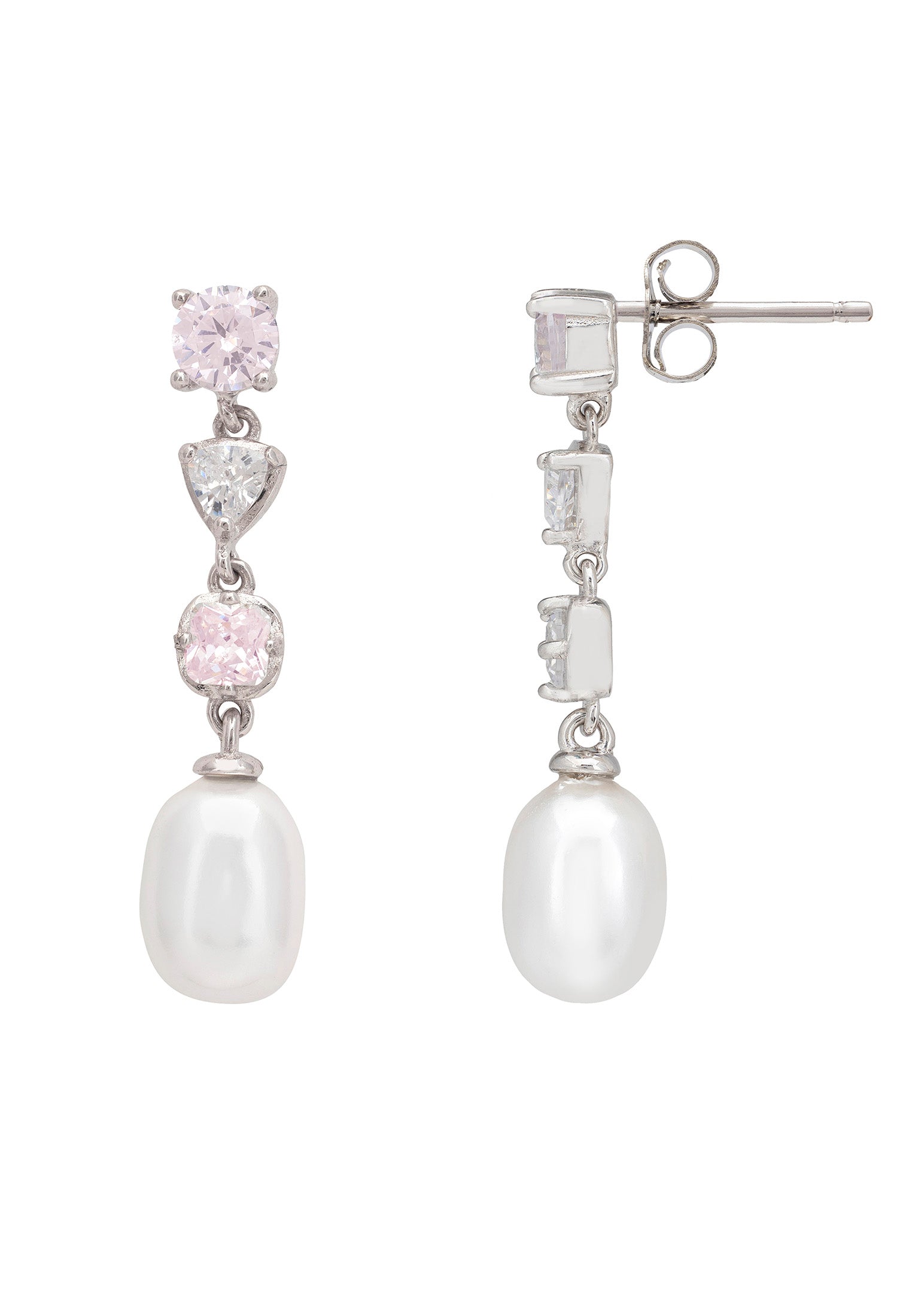 Pair of pearl earrings with pink gemstones and silver accents on a white background