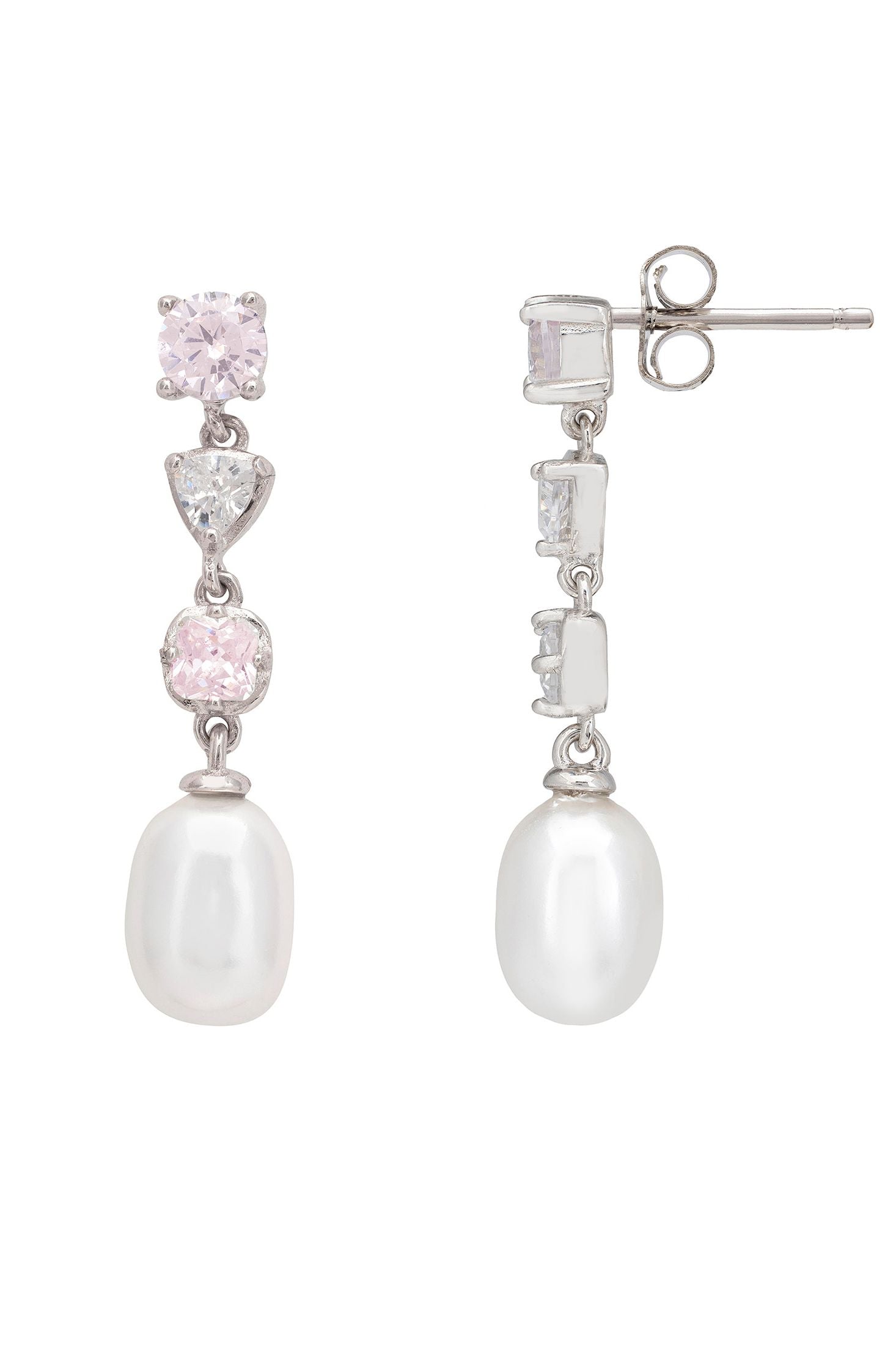 Pair of pearl earrings with pink gemstones and silver accents on a white background