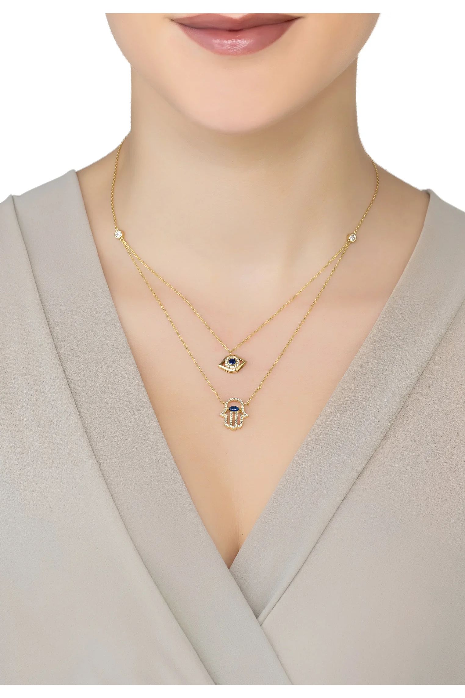 Mehrschichtige Halskette mit Hamsa-Hand und bösem Blick, Gold