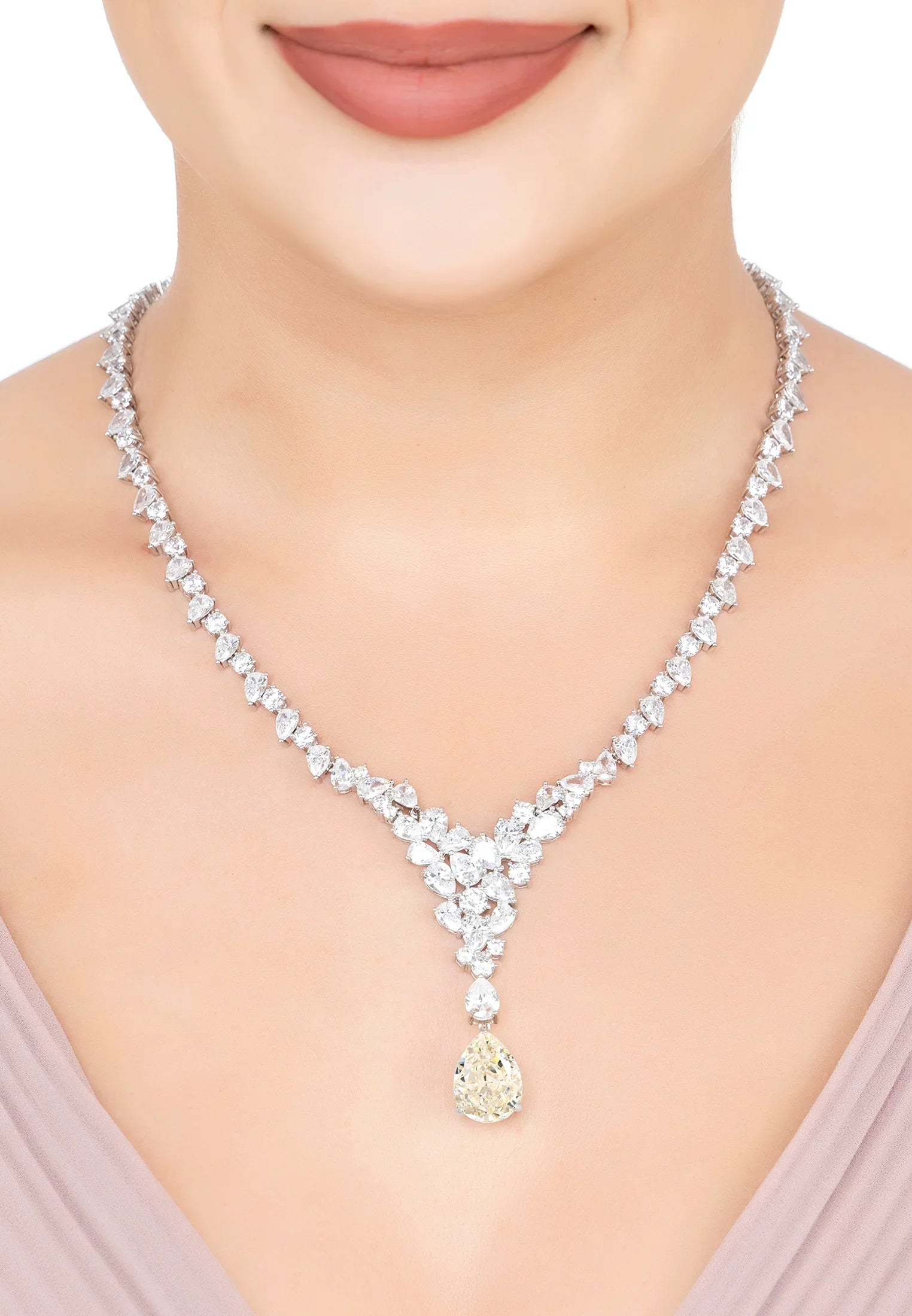 The necklace worn by a model.