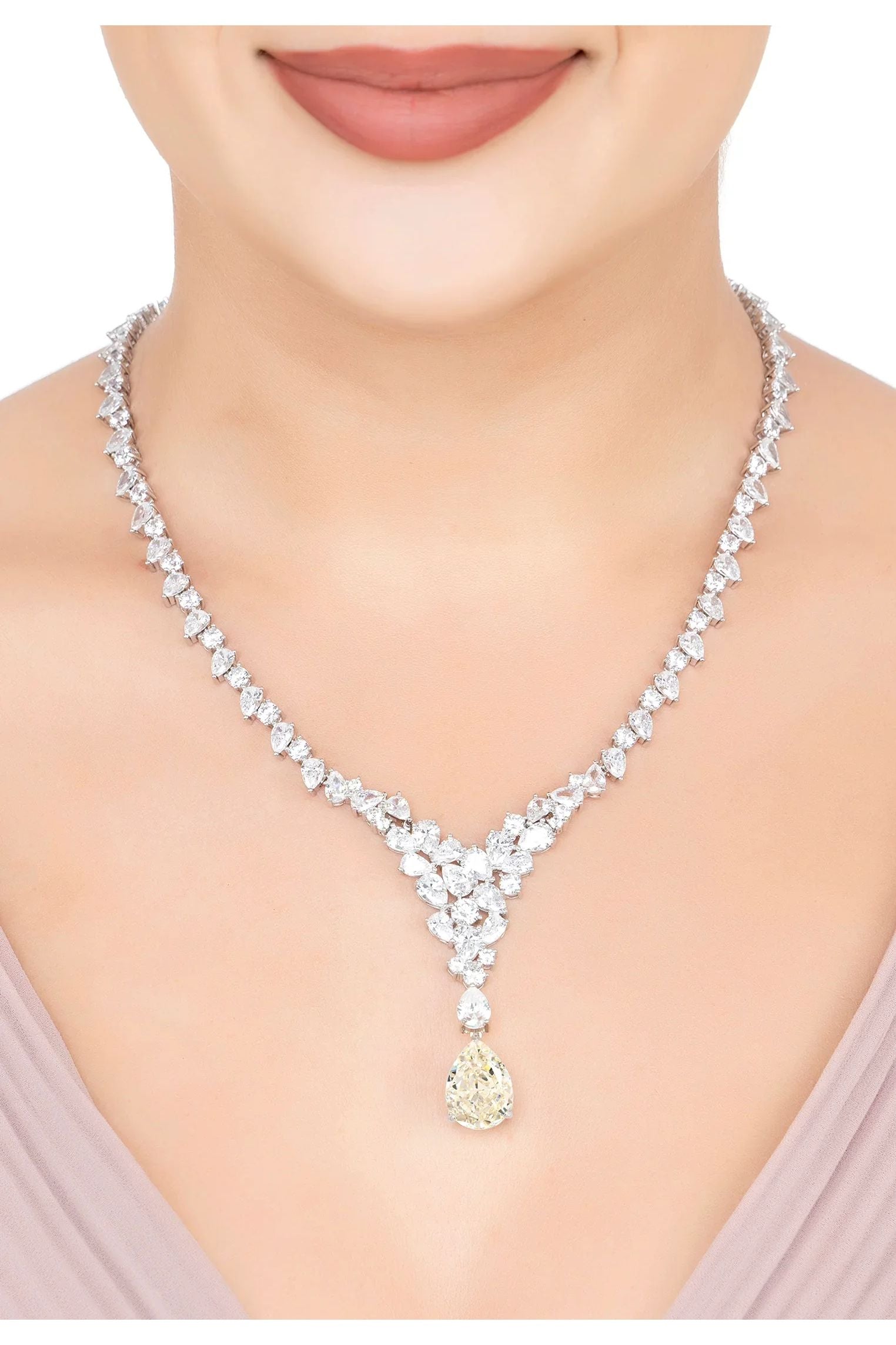 The necklace worn by a model.