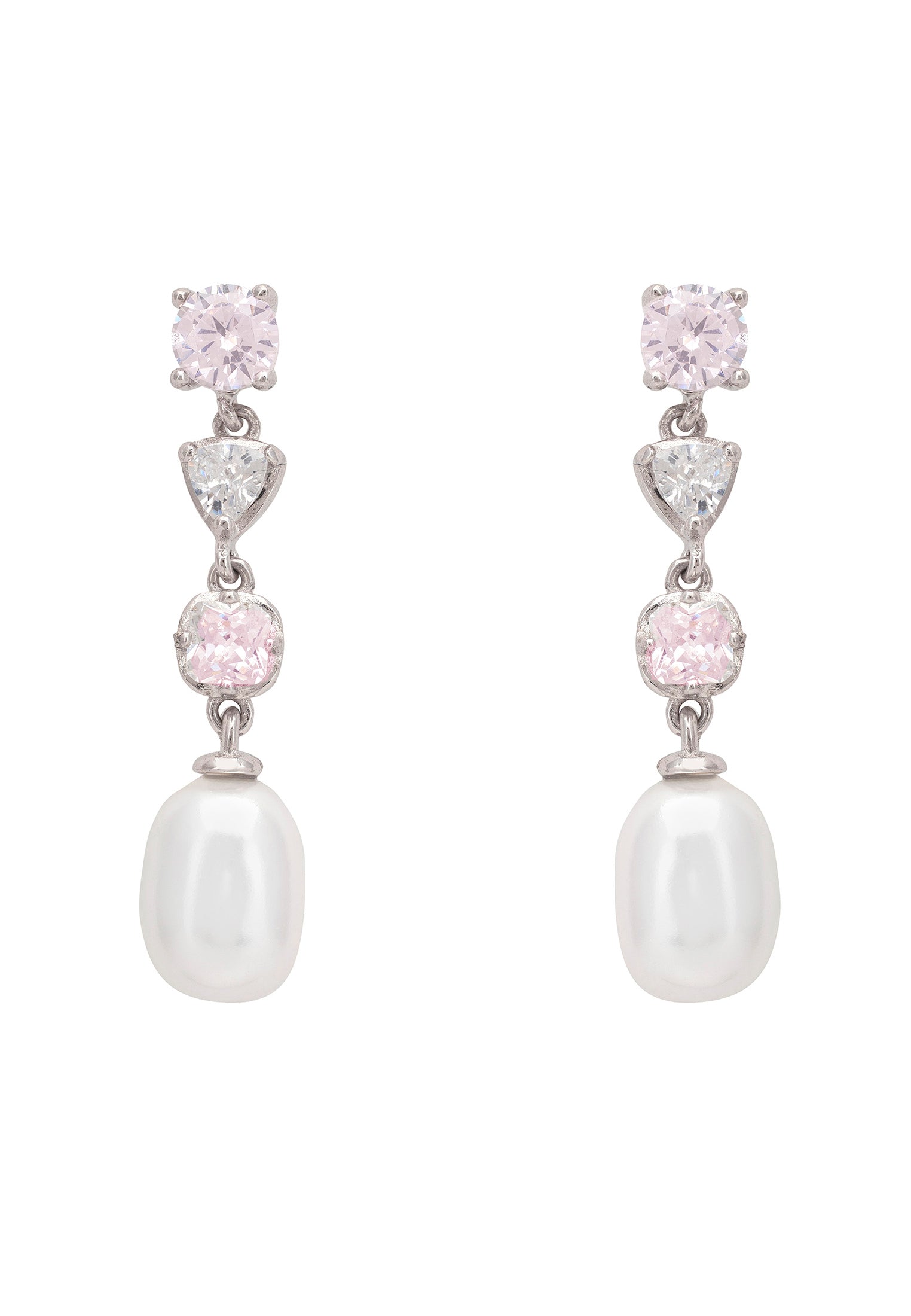 Pair of earrings with pearls and pink gemstones on a white background