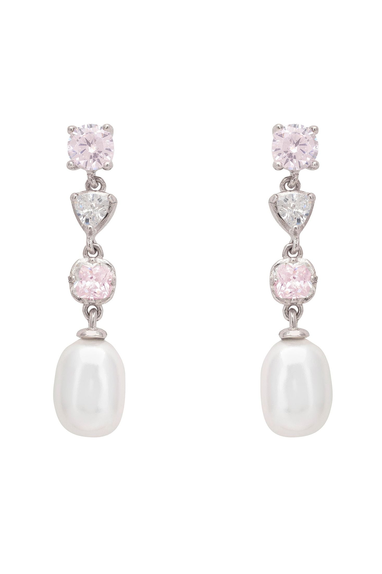 Pair of earrings with pearls and pink gemstones on a white background