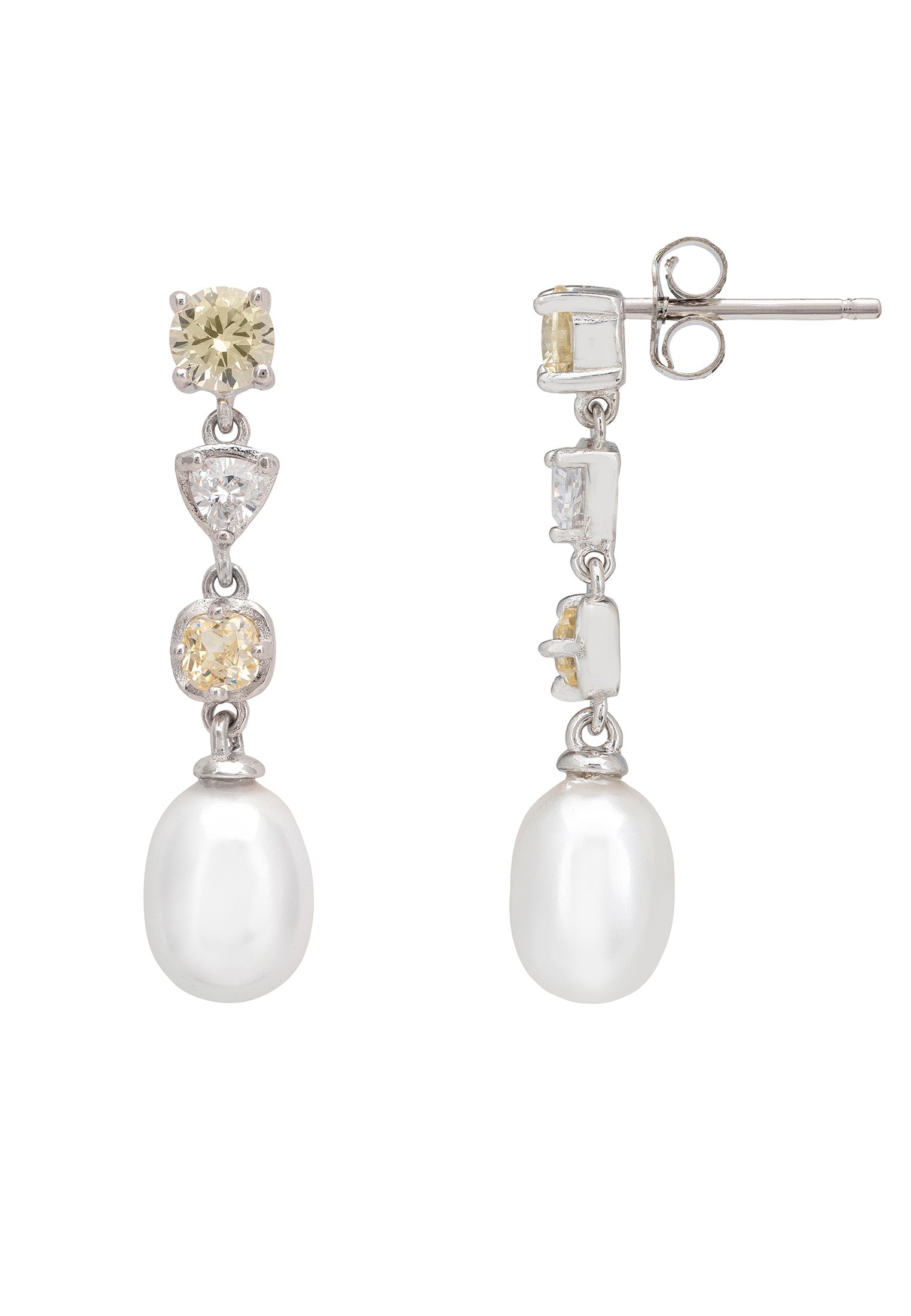 Pair of pearl and gemstone earrings on a white background