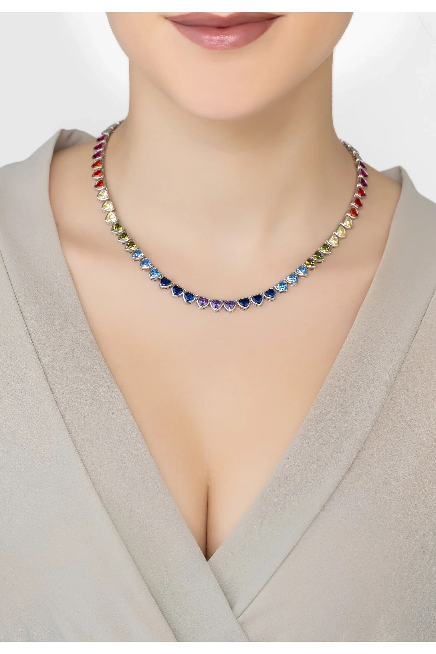 Herz-Girlande-Regenbogen-Edelstein-Halskette aus Silber
