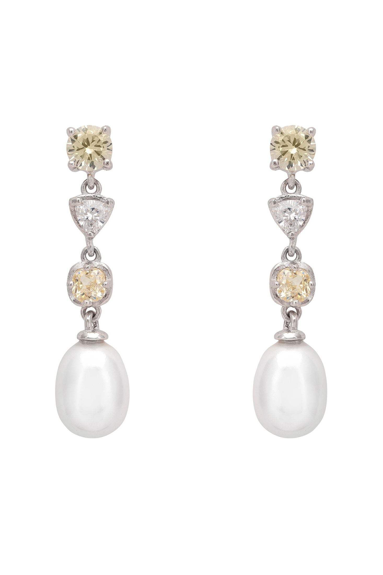 Pair of pearl and yellow gemstone earrings on a white background