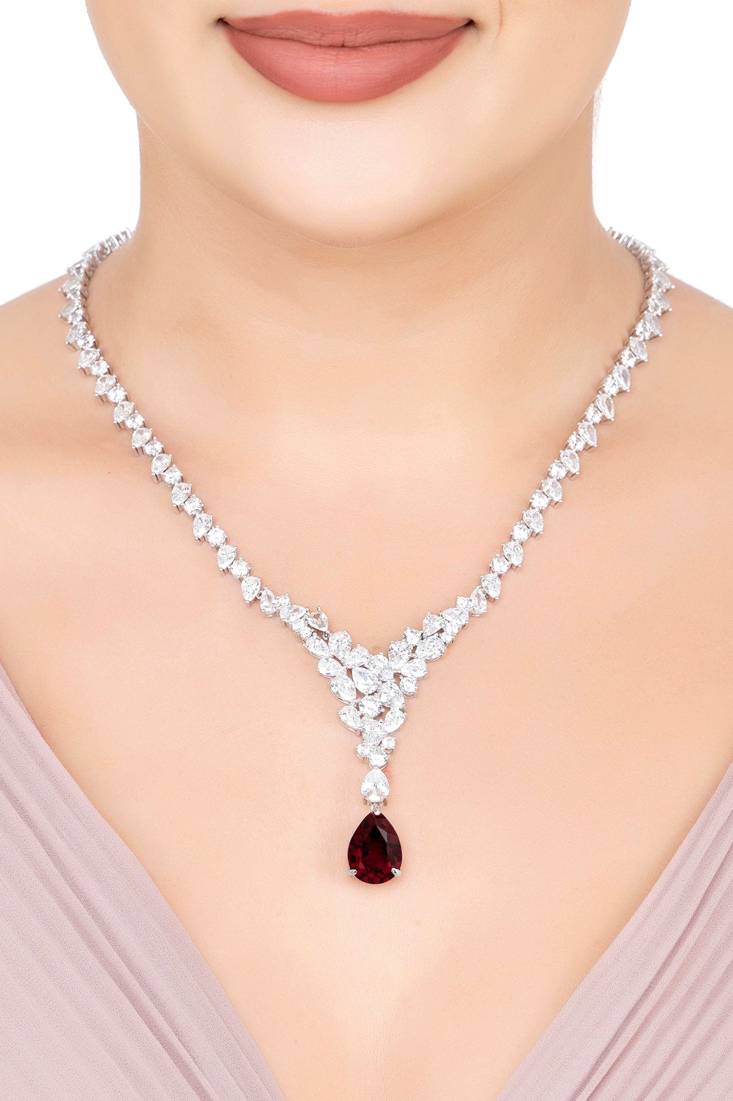 The necklace worn by a model.