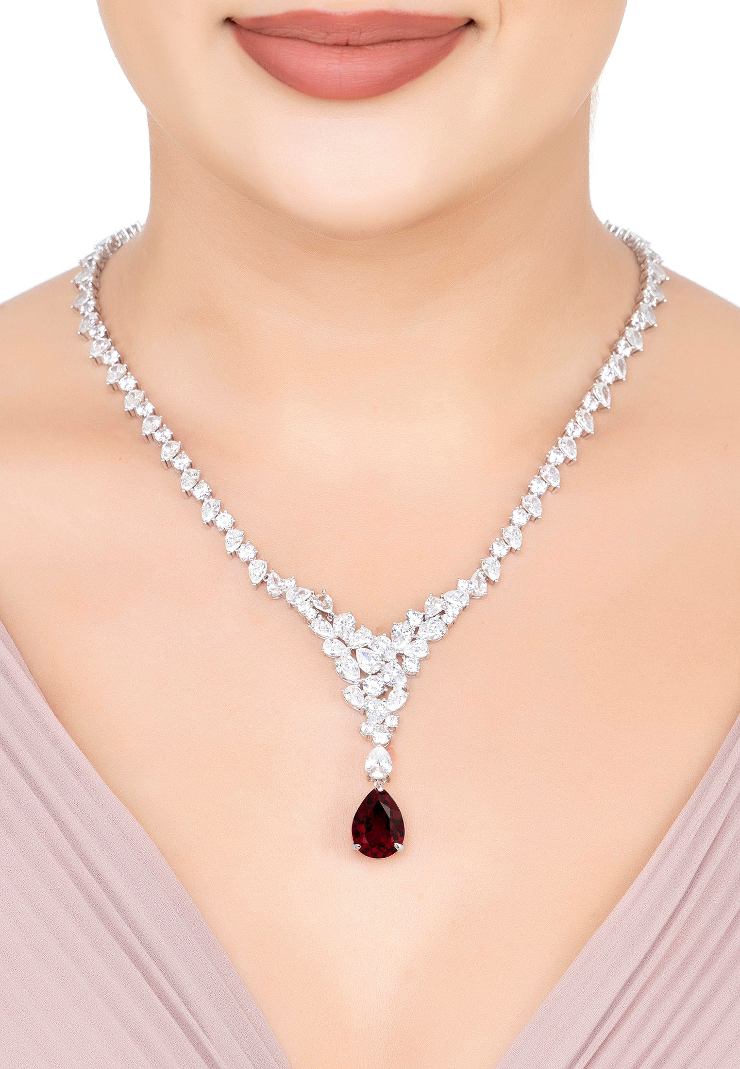 The necklace worn by a model.