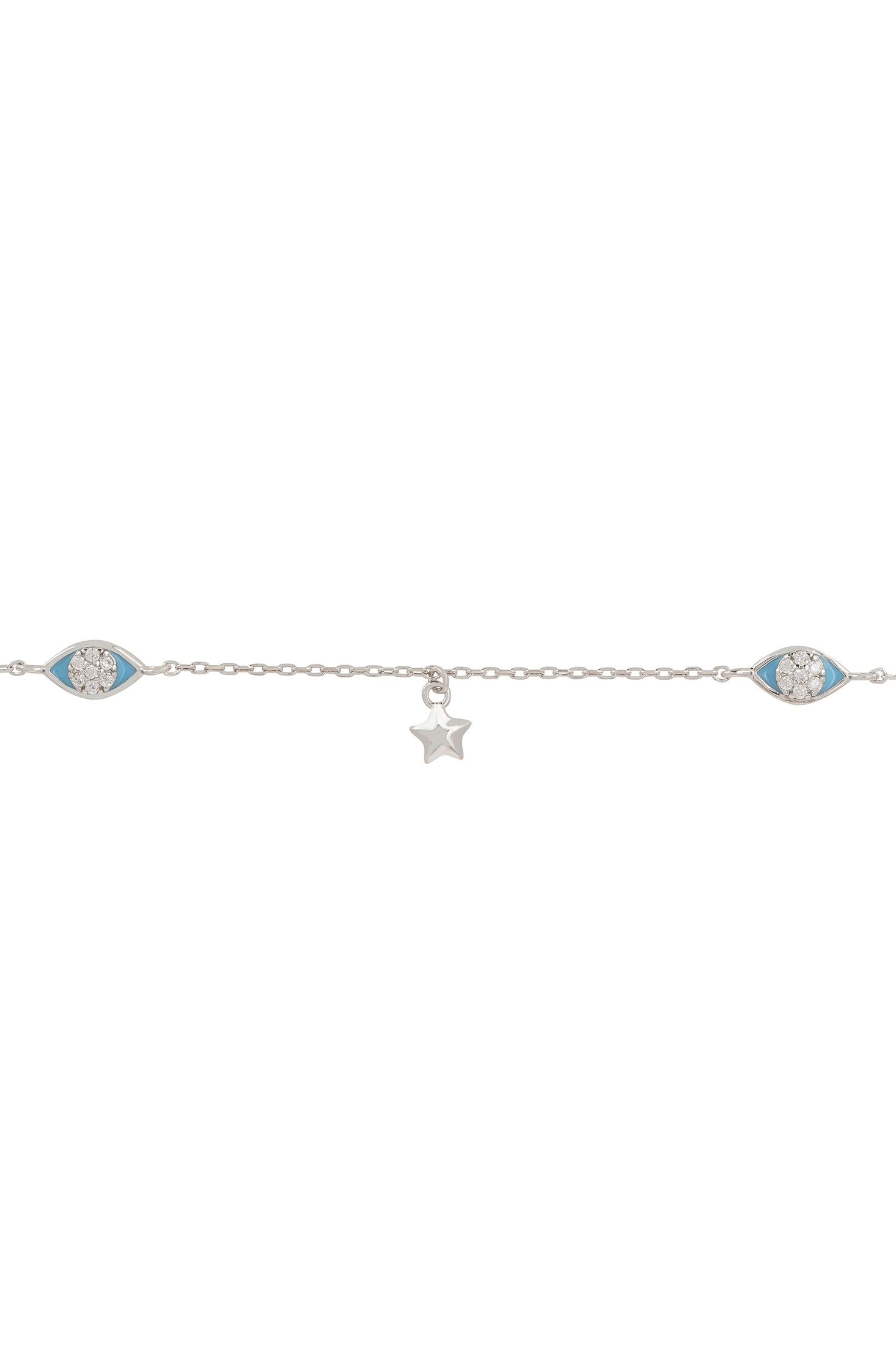 Silver bracelet with star charm and blue evil eye charms on a white background