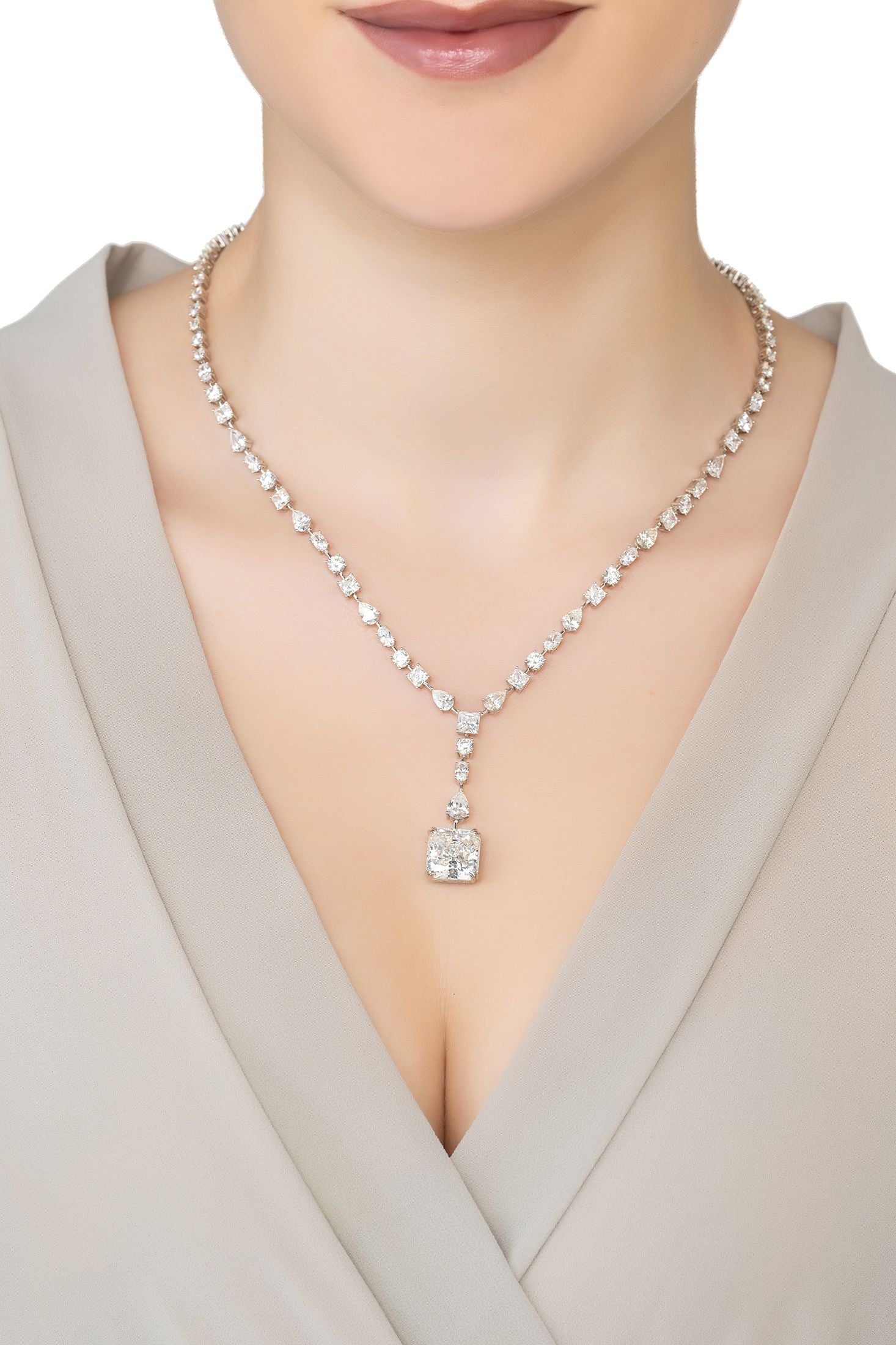 Angled view of Angelina Moissanite Statement Necklace Silver, showing silver finish and the jewellery profile.