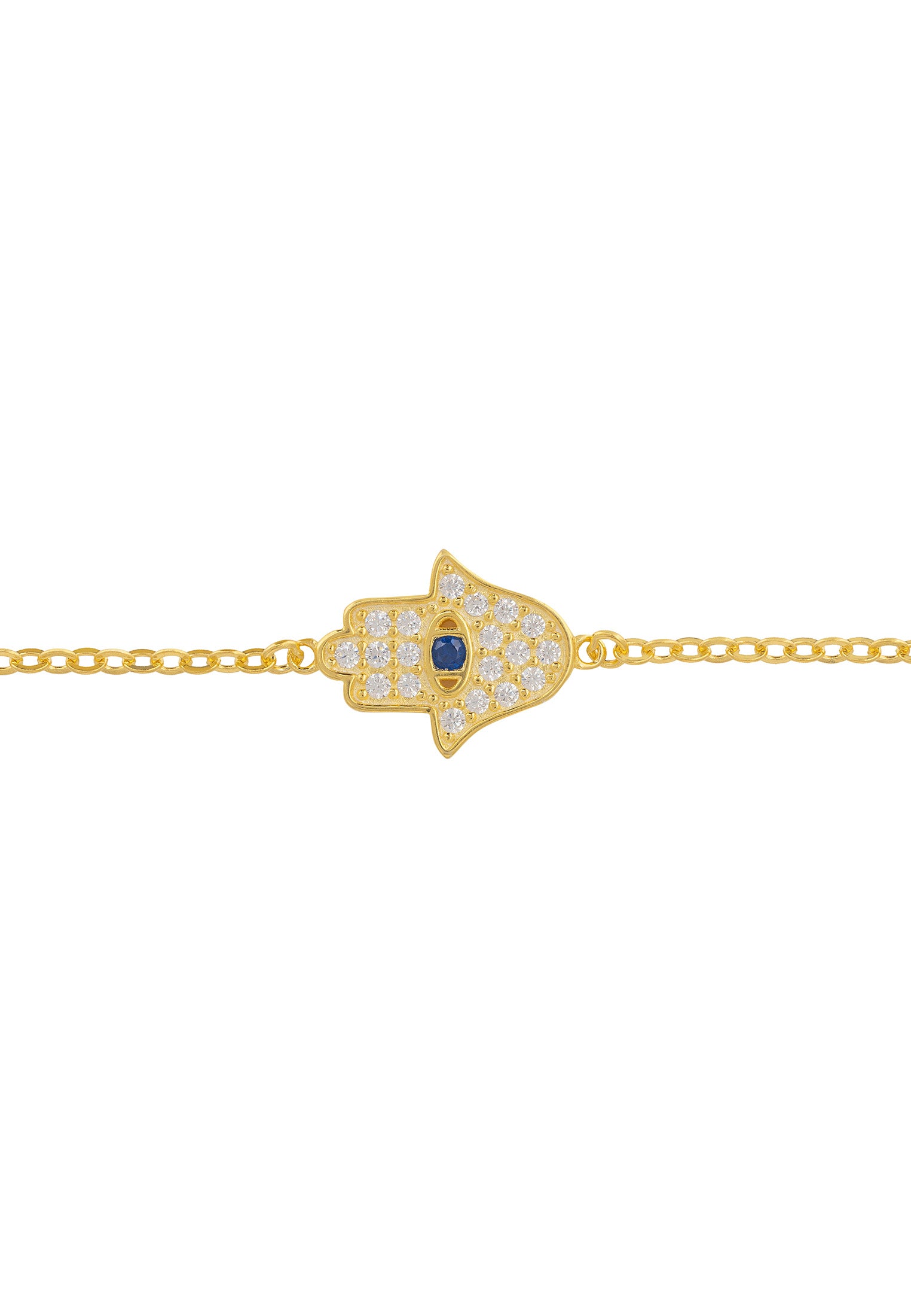 Gold bracelet with a hamsa hand design on a white background