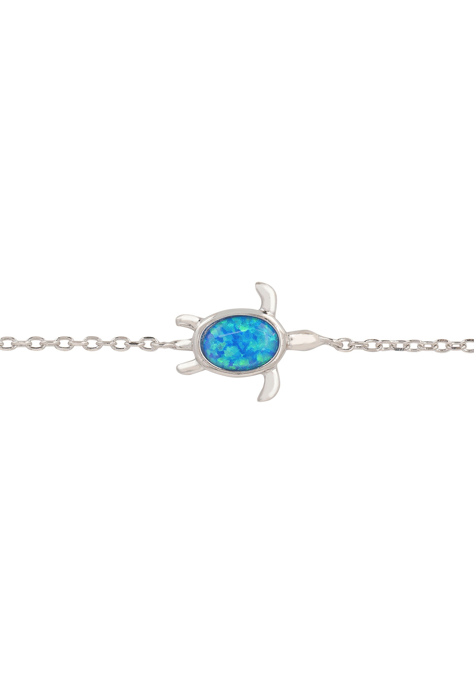 Silver turtle-shaped bracelet with a blue stone on a white background