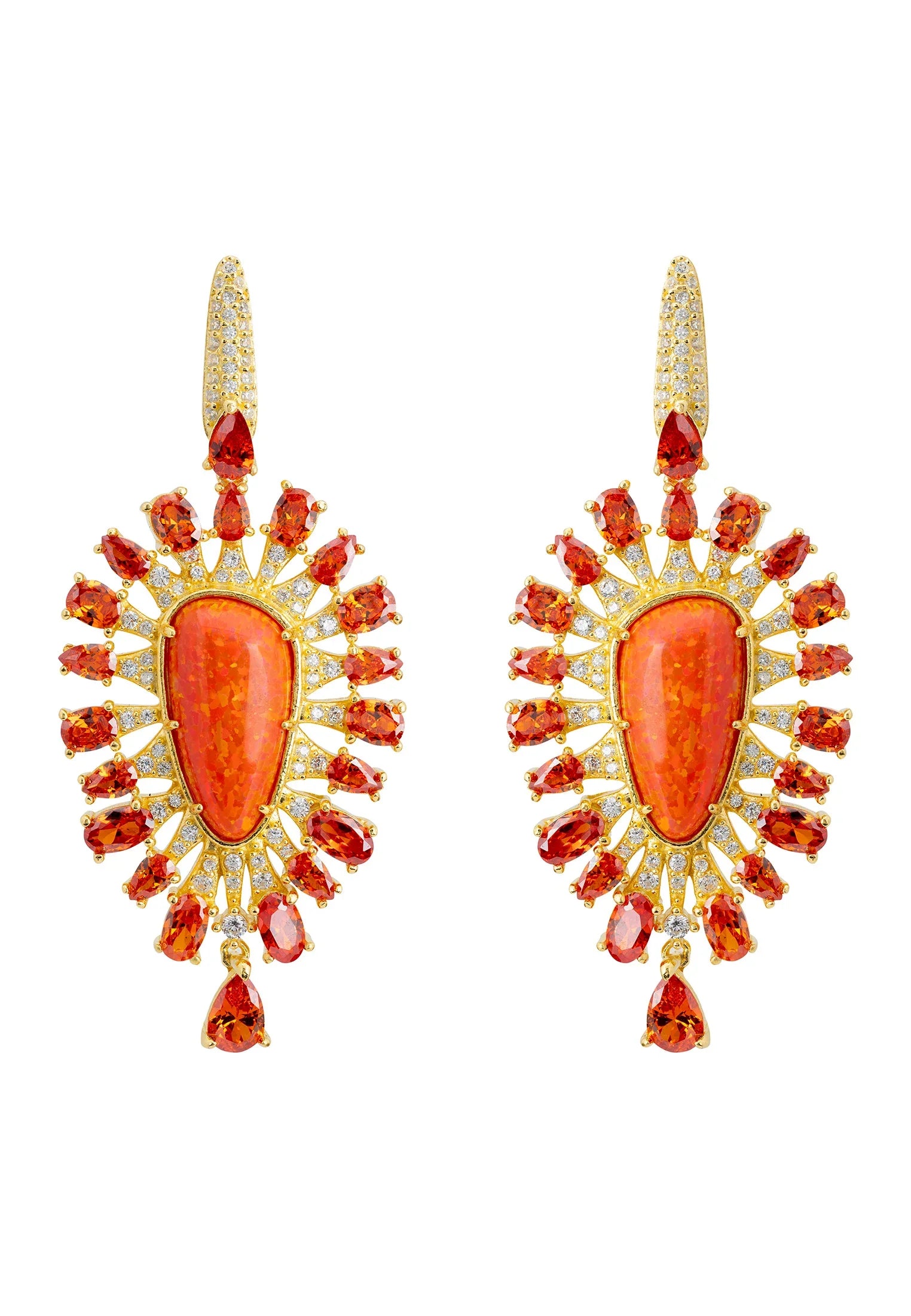 Orange opal gold reverse teardrop statement earrings.