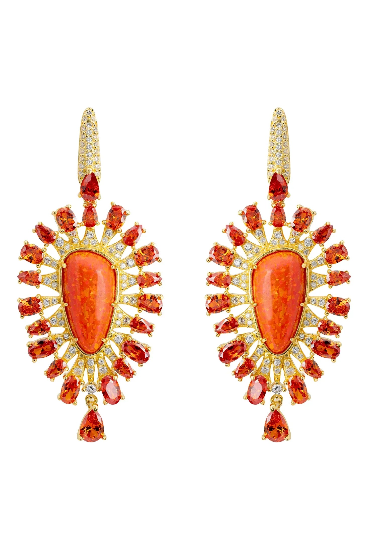 Orange opal gold reverse teardrop statement earrings.