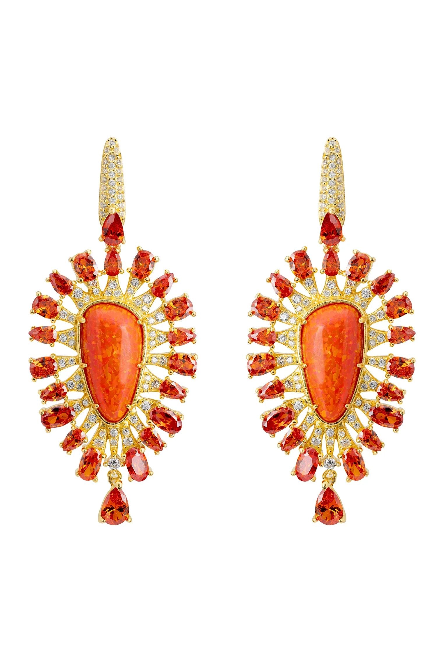 Orange opal gold reverse teardrop statement earrings.