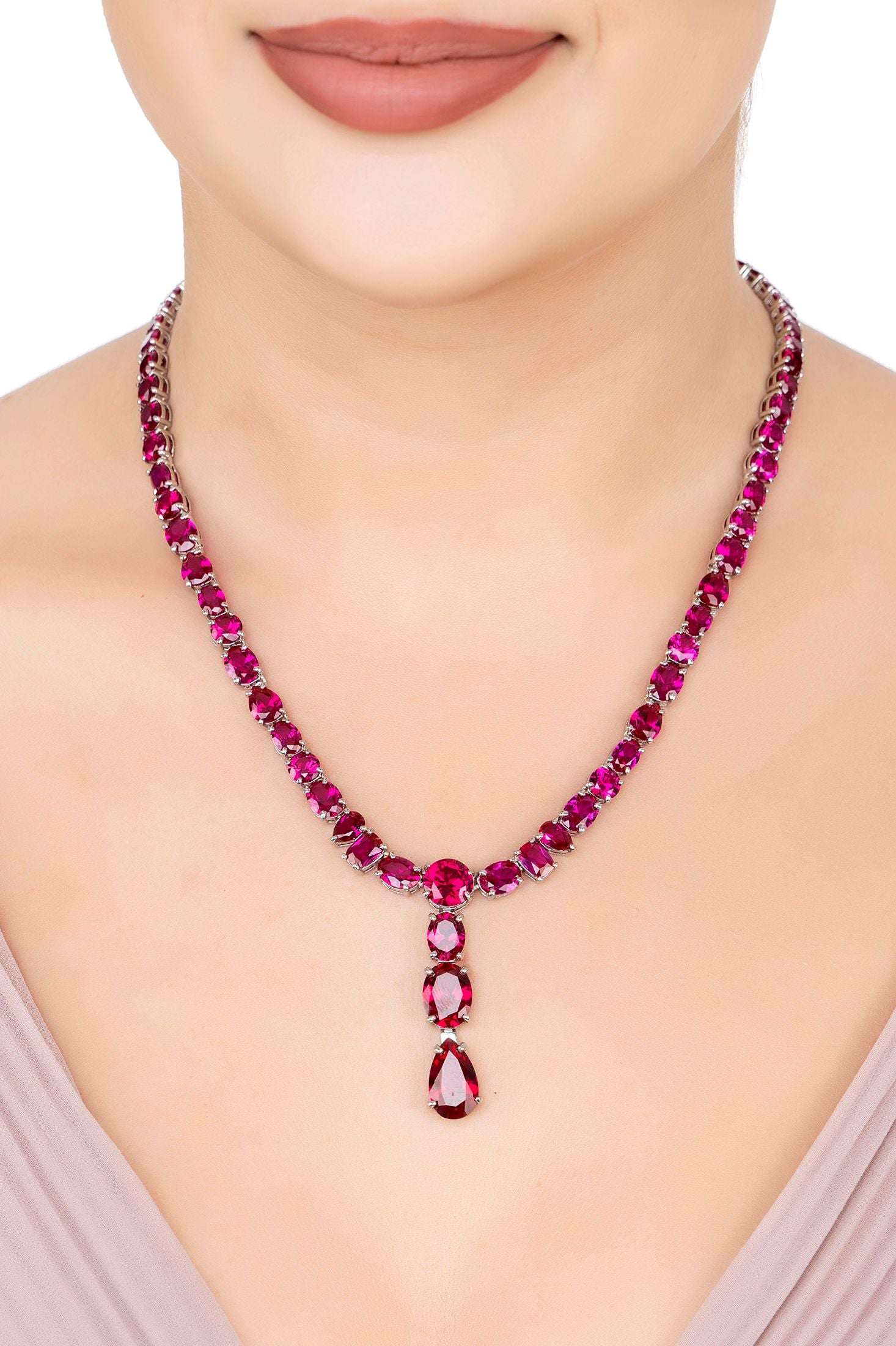 The necklace worn by a model.