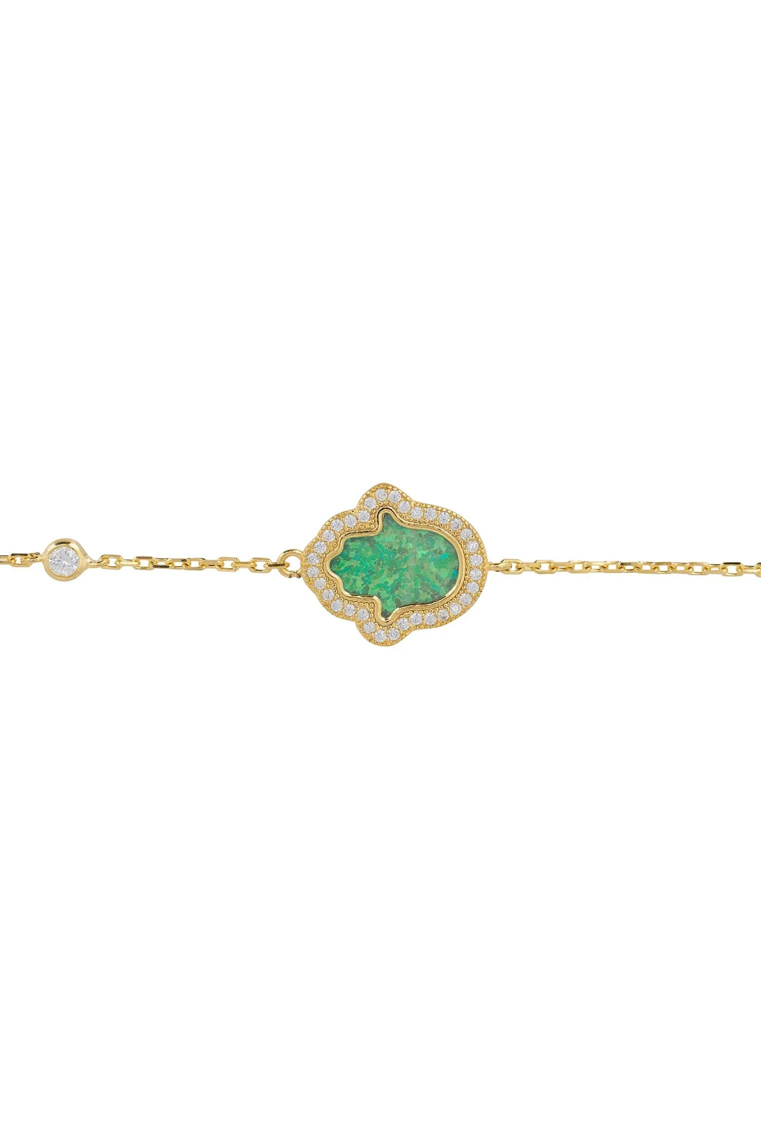 Green opal hamsa hand gold bracelet.