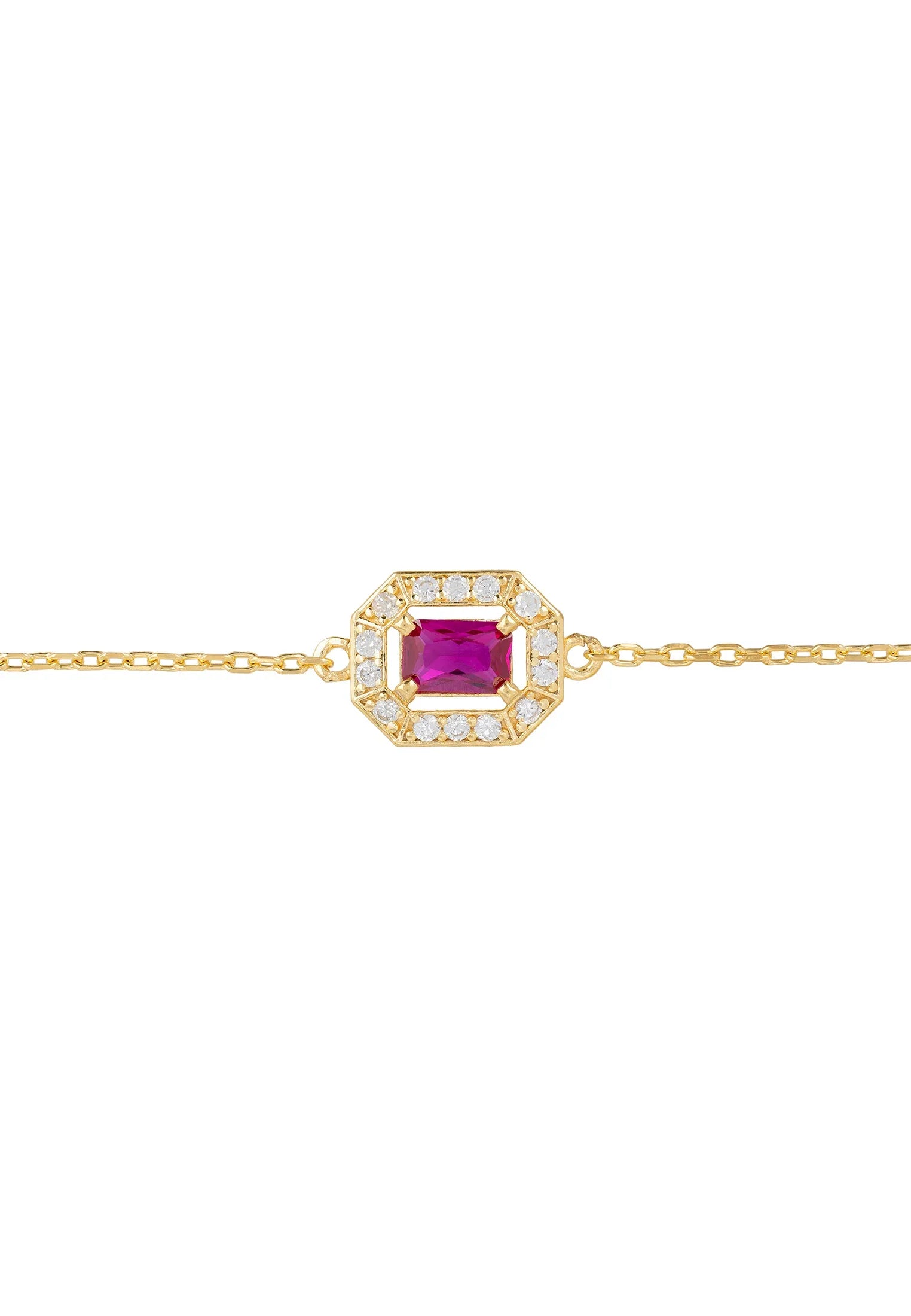 Diamond halo ruby charm gold bracelet.