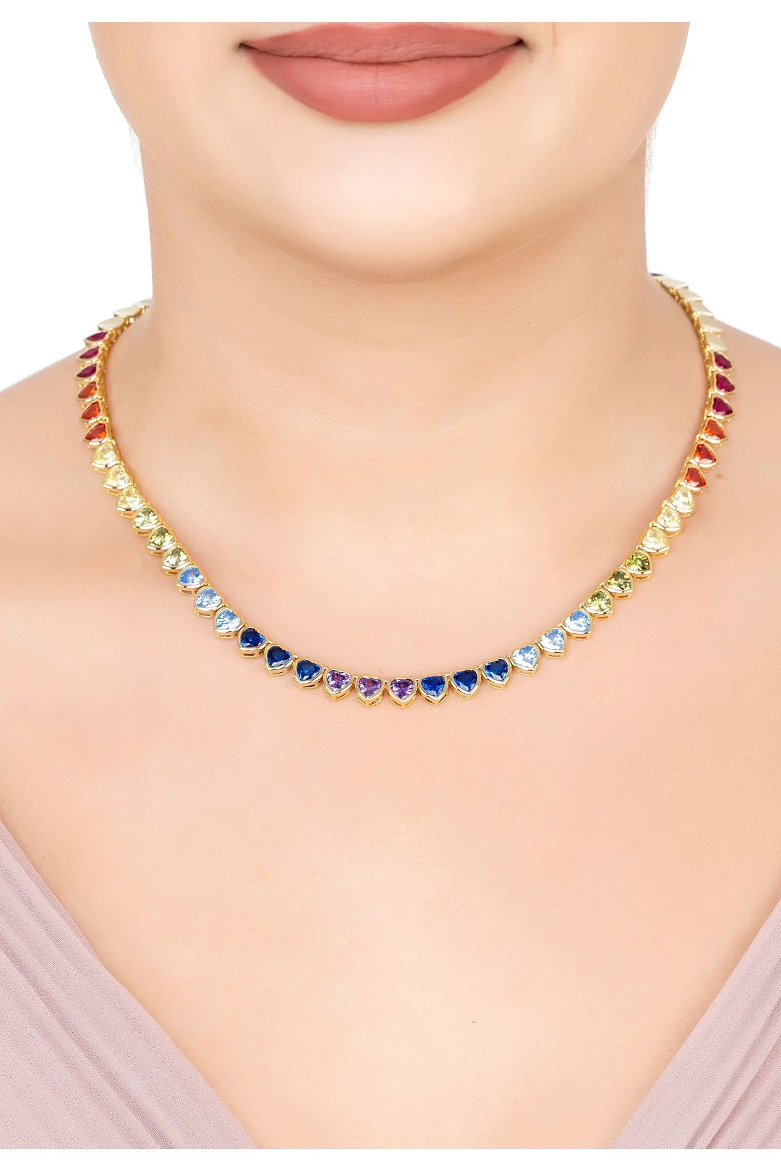 The necklace worn by a model.