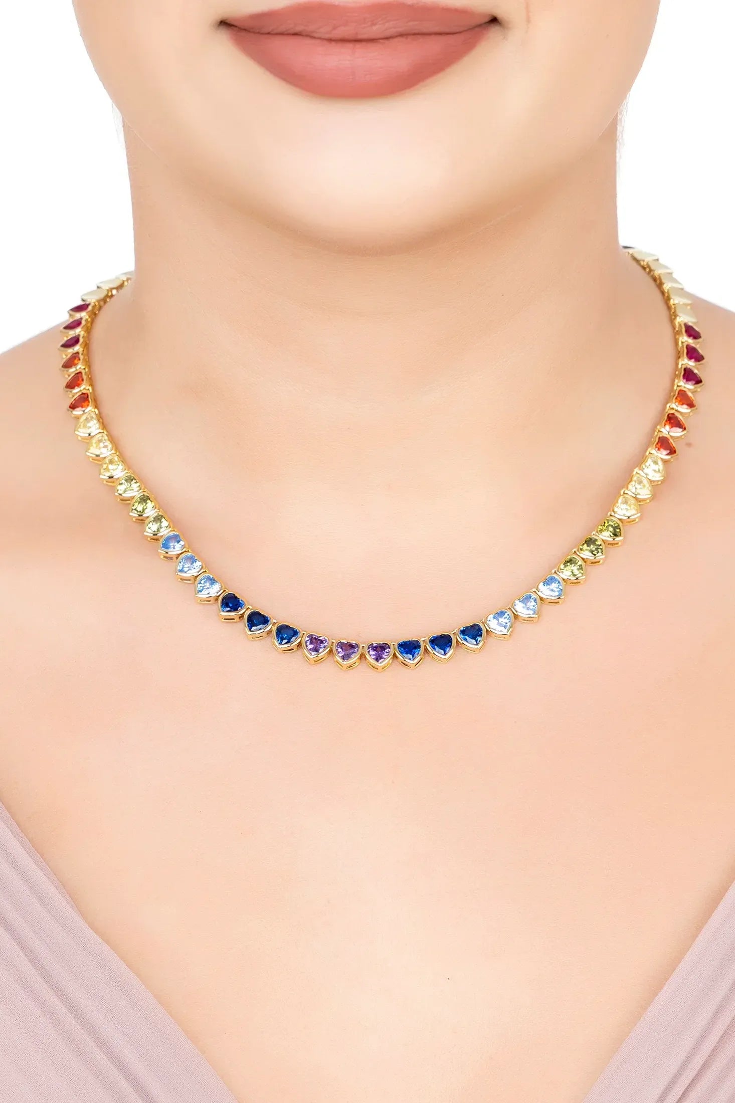 The necklace worn by a model.