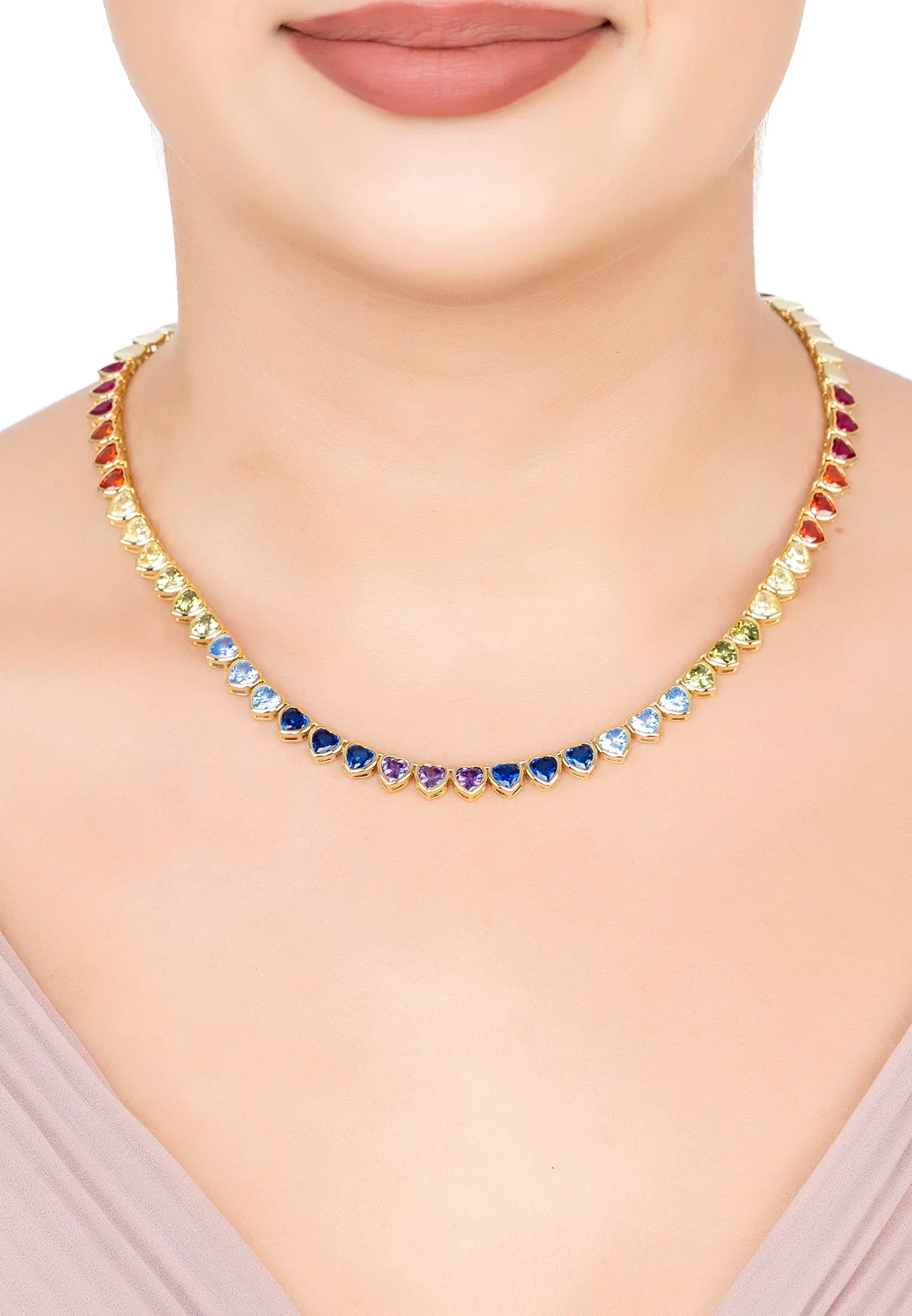 The necklace worn by a model.