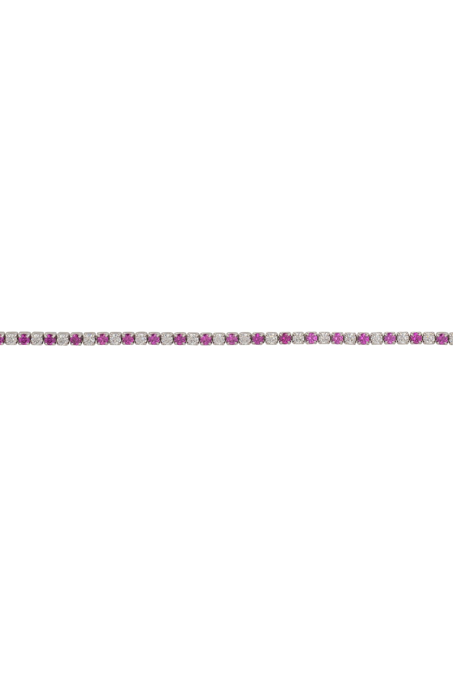 Close-up of a bracelet with red and clear gemstones on a white background