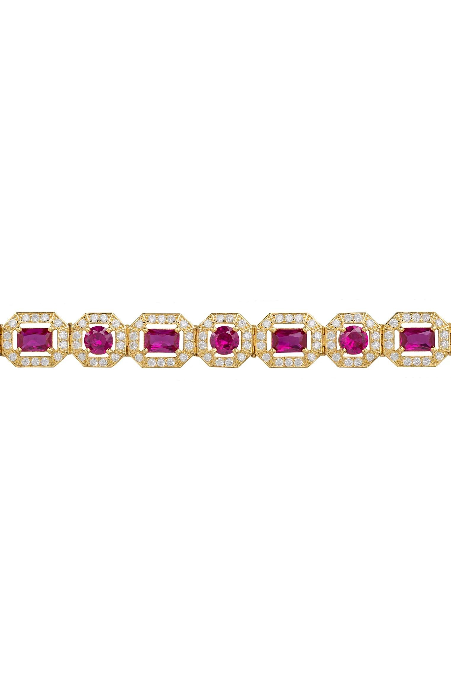 Gold and diamond halo ruby bracelet.