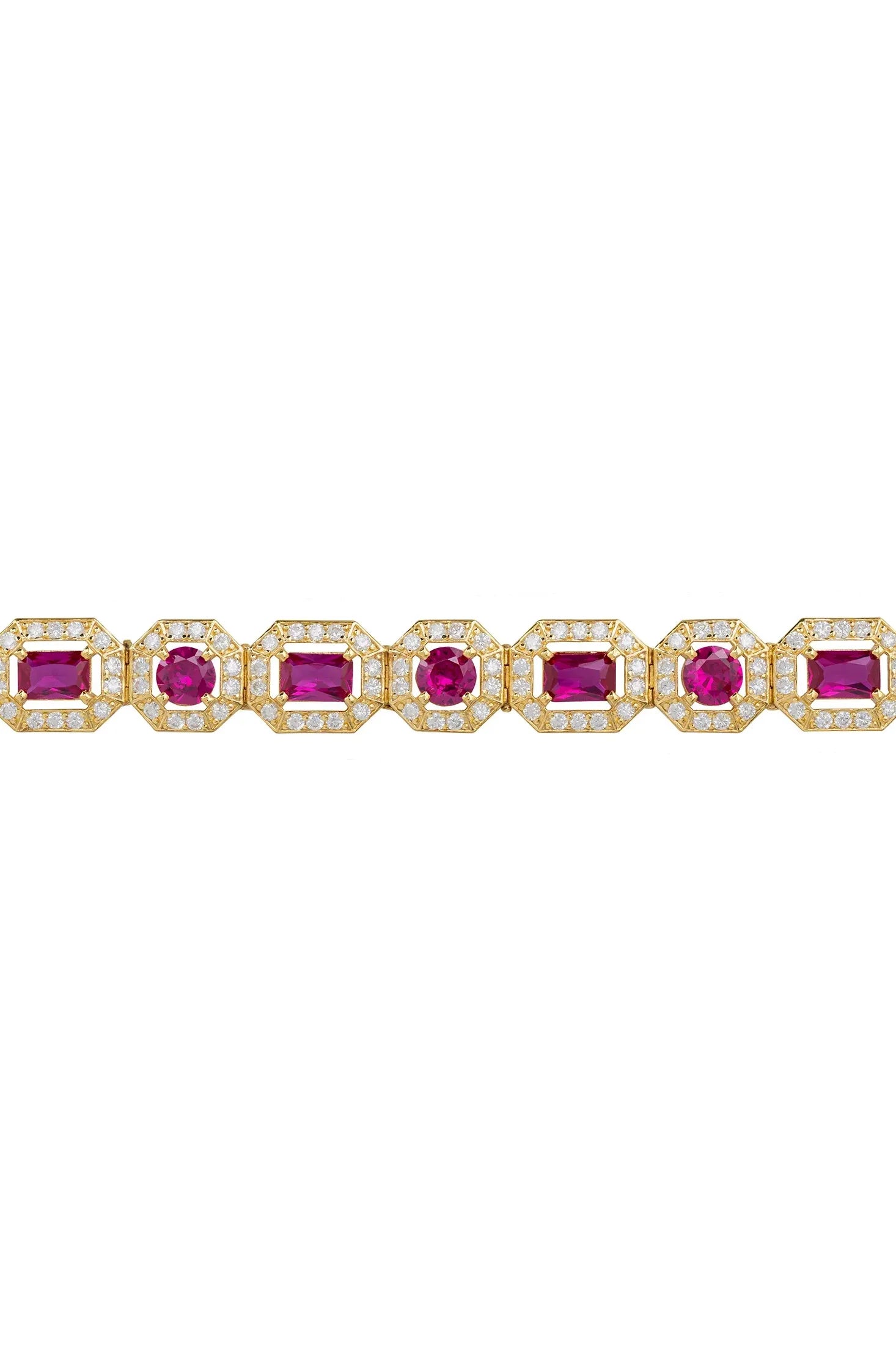Gold and diamond halo ruby bracelet.