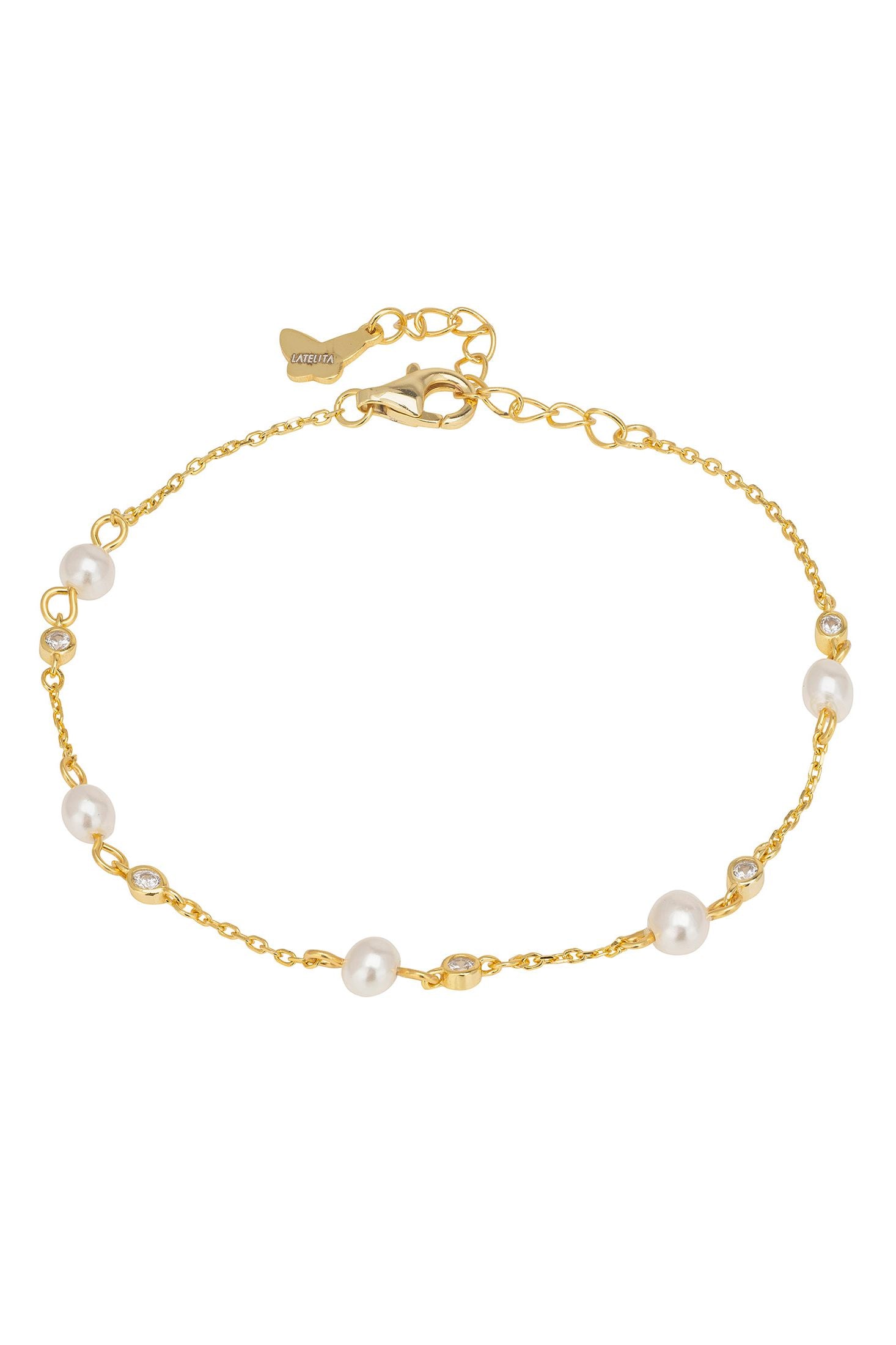 Gold bracelet with pearls on a white background