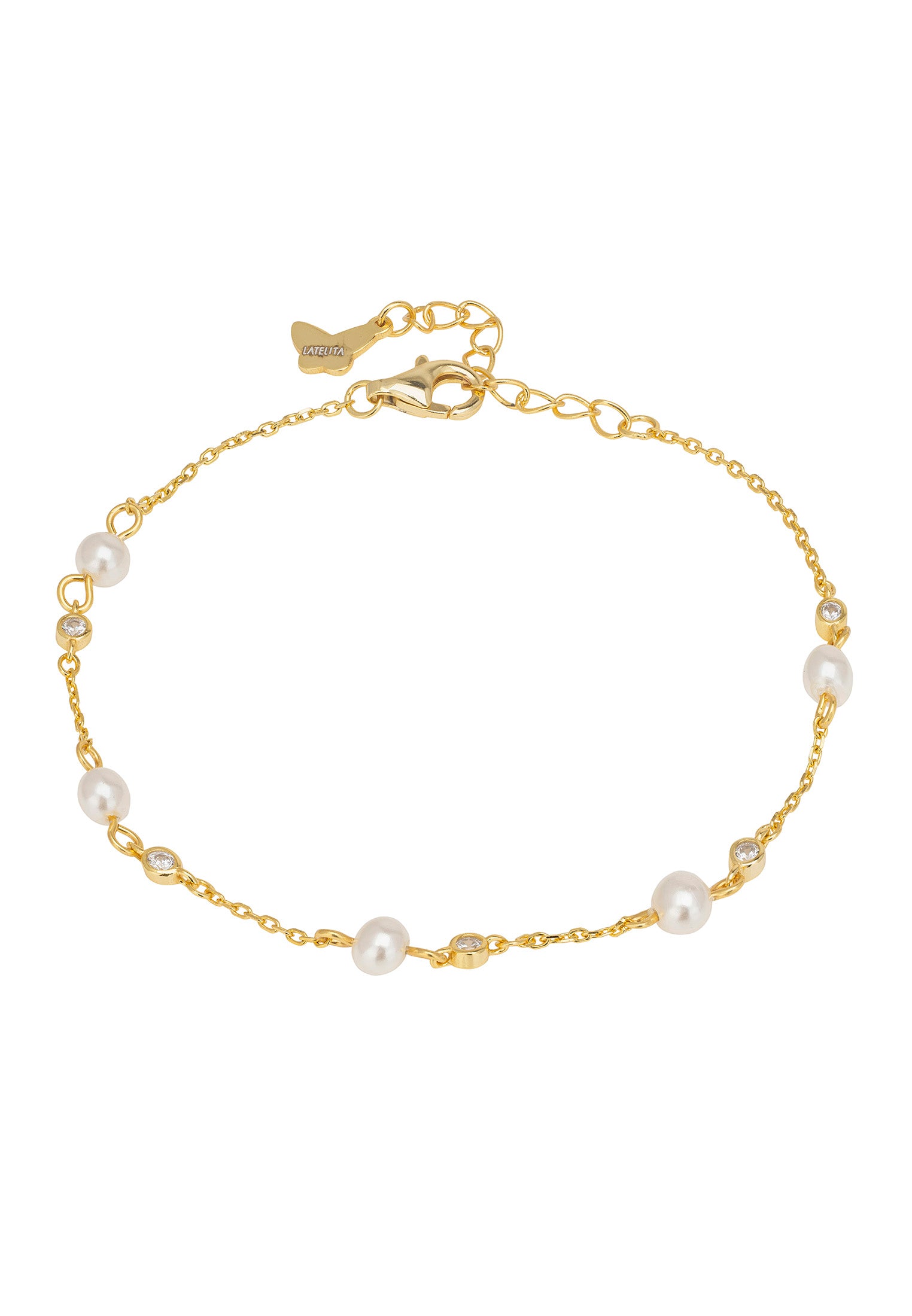 Gold bracelet with pearls on a white background