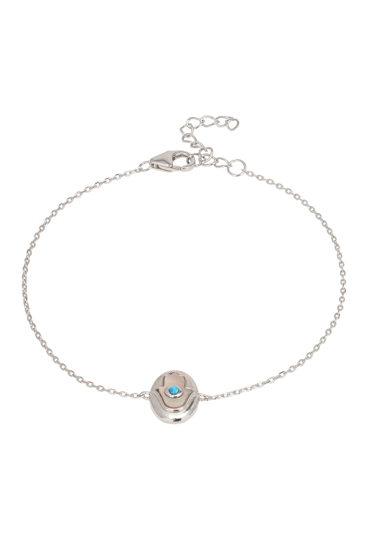Hamsa Hand Mother Of Pearl With Opal Bracelet Silver