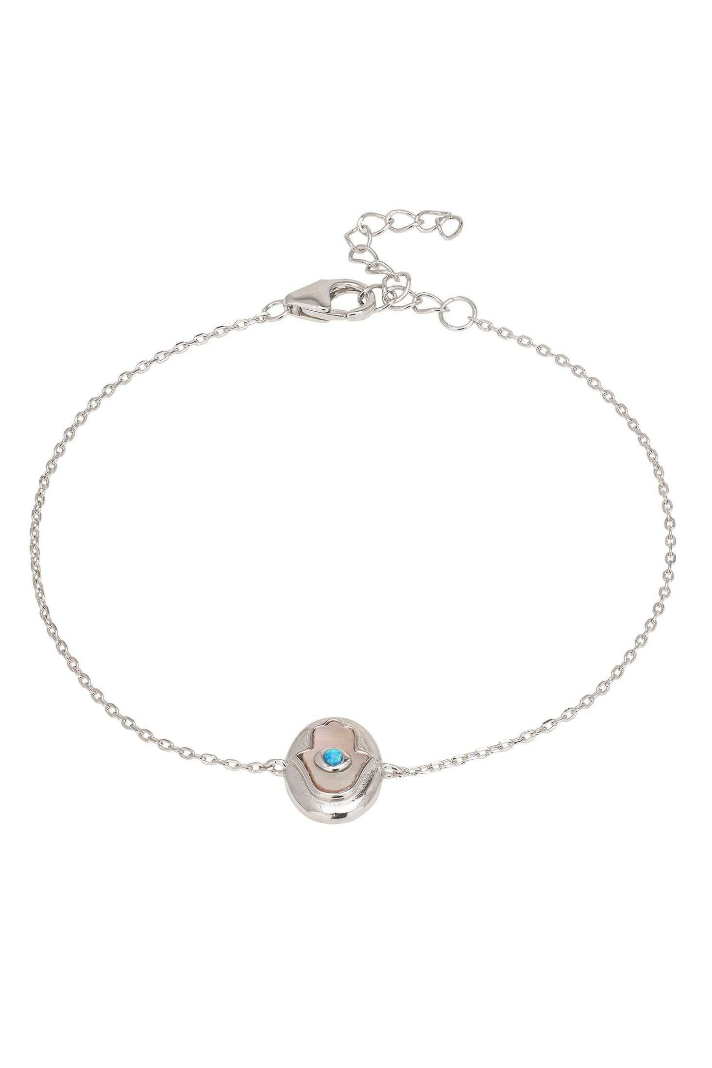 Silver bracelet with a blue gemstone on a white background