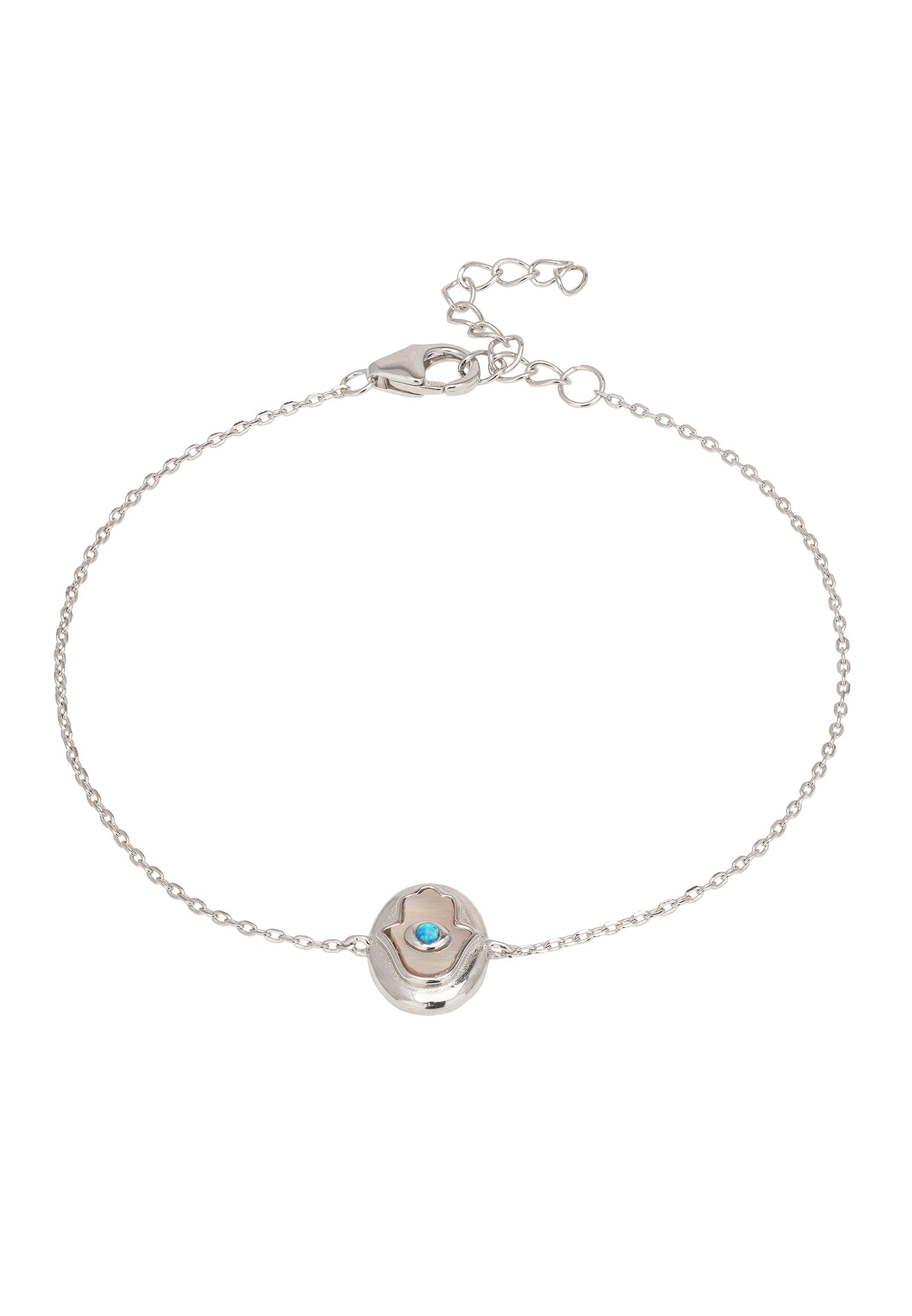Silver bracelet with a blue gemstone on a white background