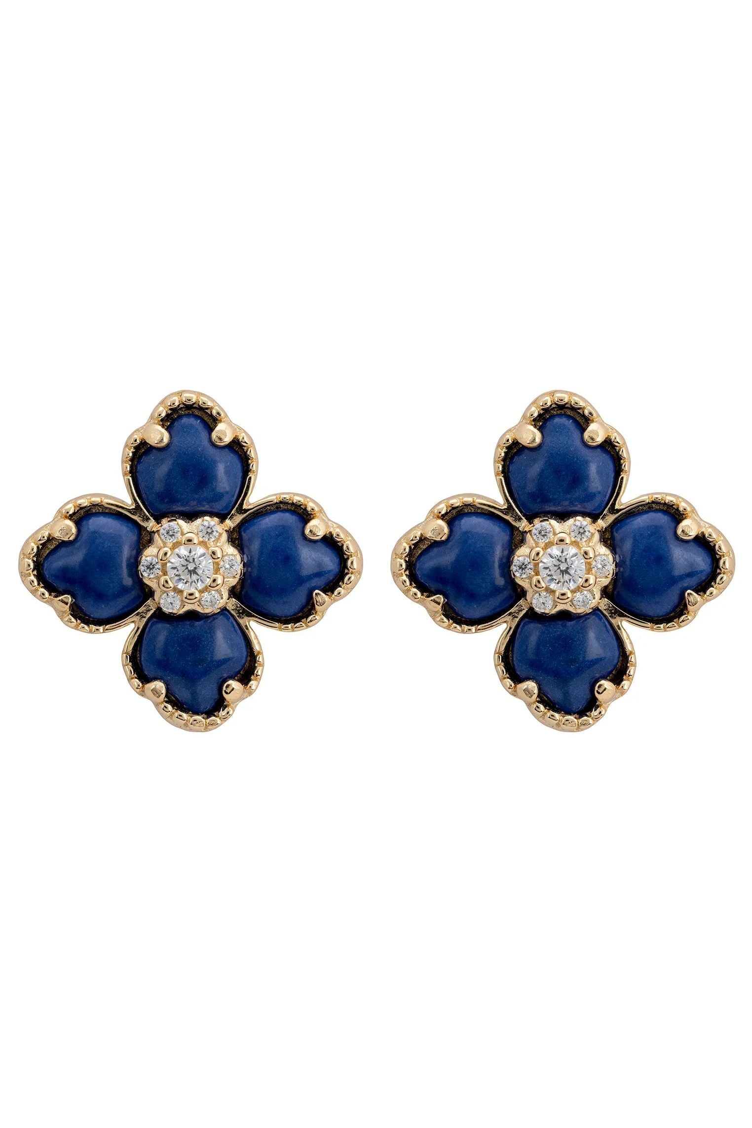 Dark blue clover gold stud earrings.