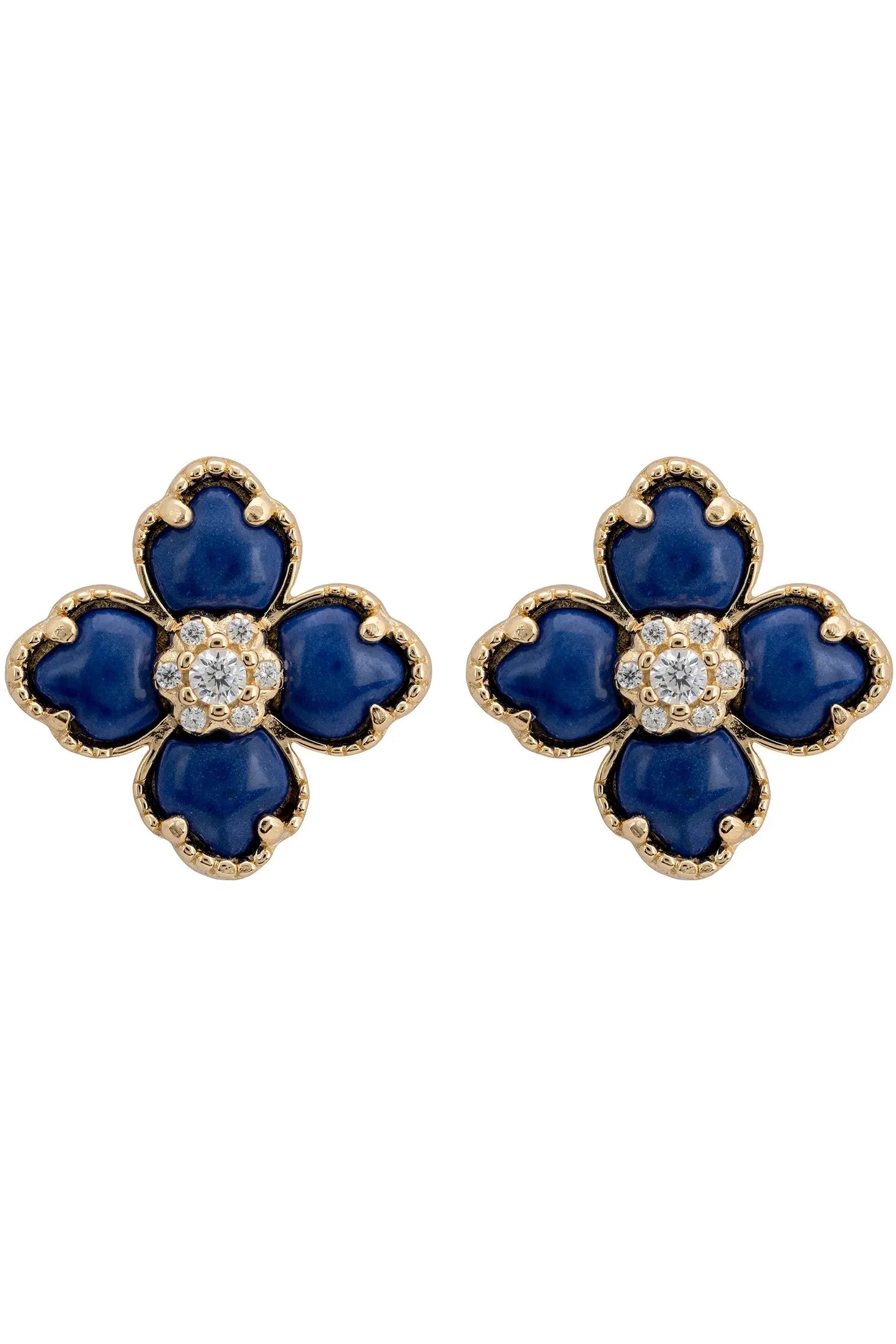 Dark blue clover gold stud earrings.