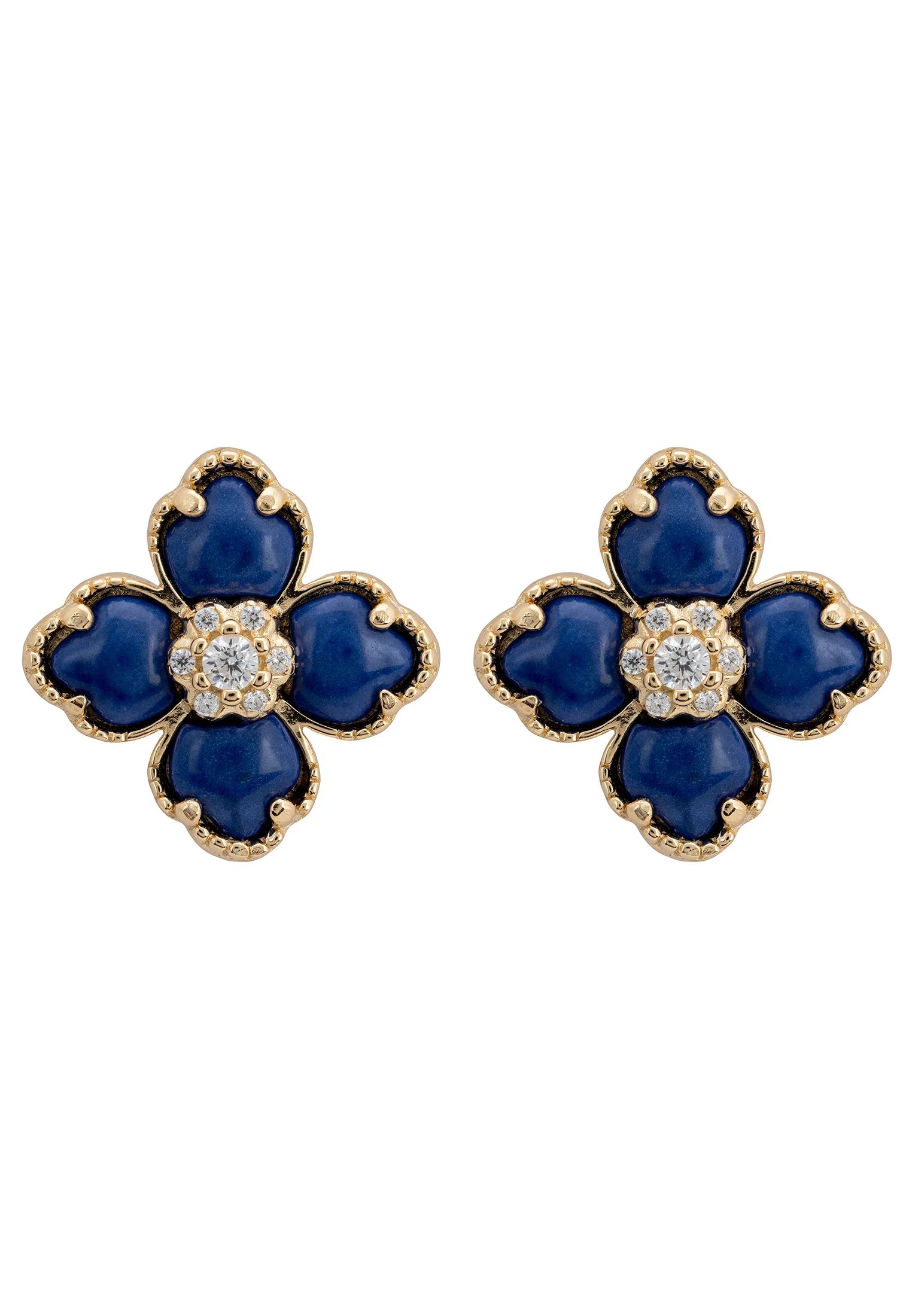 Dark blue clover gold stud earrings.